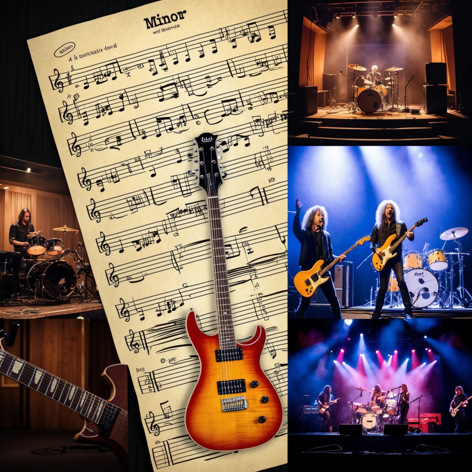 A musical sheet with intricate guitar tablatures and notes in A minor, a band recording session in a rock studio, instruments like guitars and drums on stage, highlighting a rock band performance complete with energy and passion, capturing the essence of 90s rock music evolution.