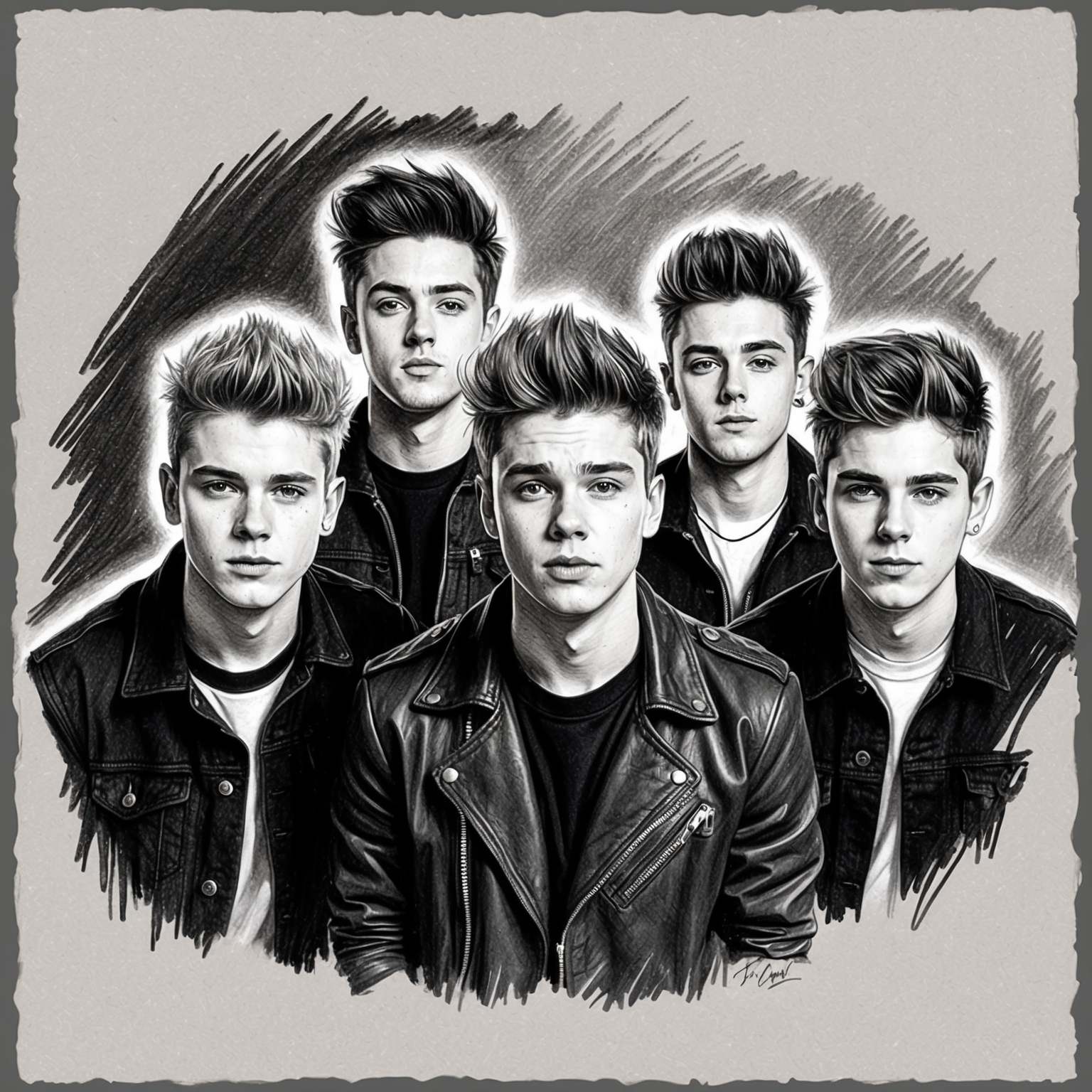 Black and white charcoal portrait of the British boy band Five, capturing their energetic and edgy style, with a half-finished look to the drawing, embodying the dynamic nature of their music.