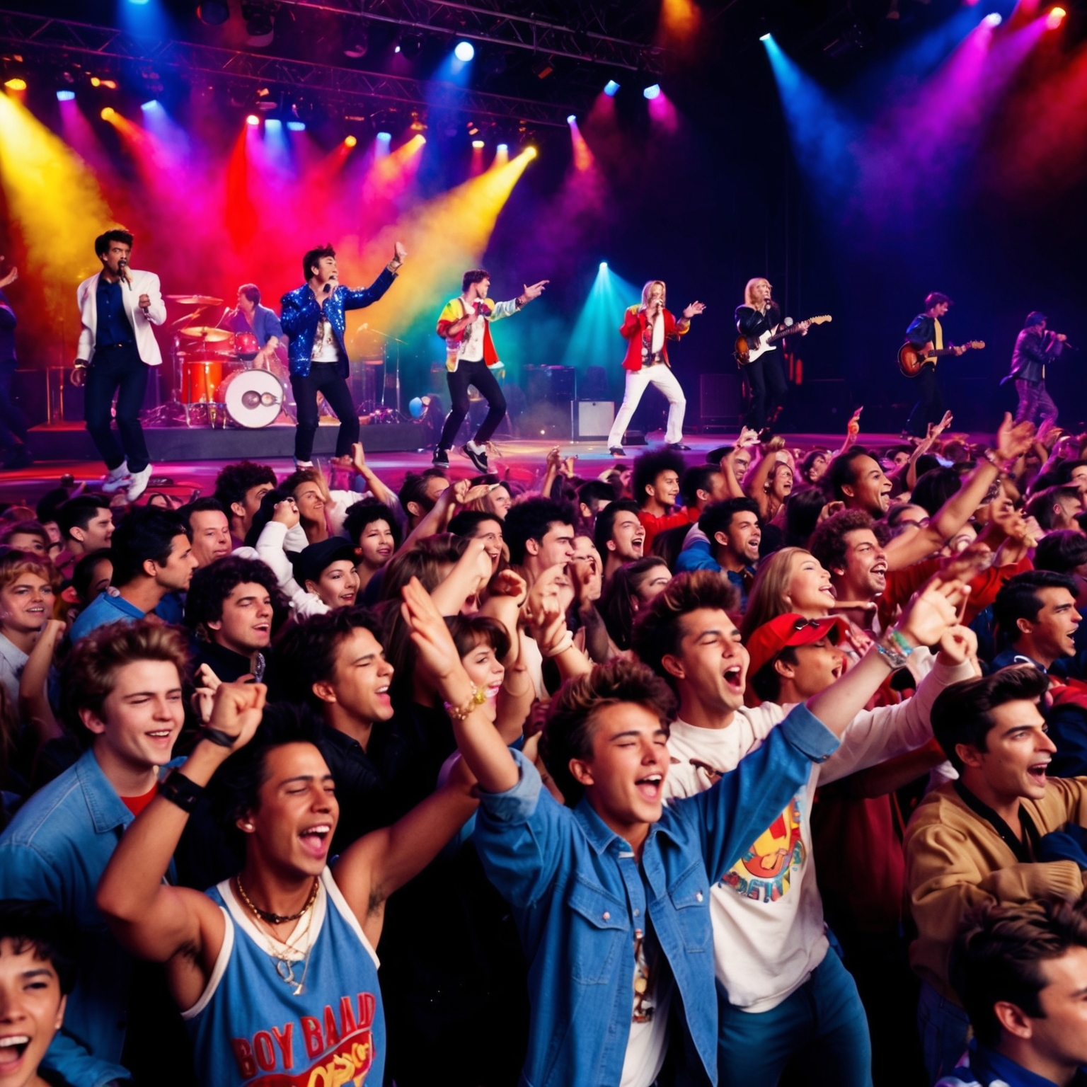 A vibrant, dynamic scene capturing a late 90s pop concert, featuring a diverse audience immersed in music and dance. The backdrop showcases colorful lights and energetic band members performing on stage, illustrating the excitement surrounding a popular boy band concert.