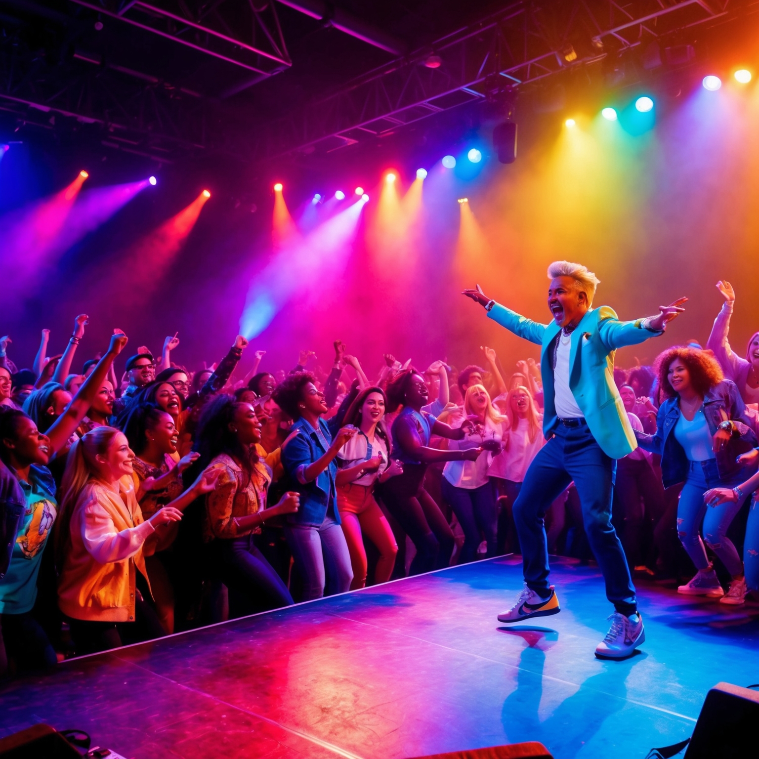 A vibrant and dynamic representation of a 90s pop music concert. The scene should capture the essence of high-energy performances with a diverse crowd engaged and dancing under colorful lights. The focal point is a lively stage with a charismatic lead singer reminiscent of a boy band, surrounded by animated fans, embodying the nostalgic feel of late 90s music culture.