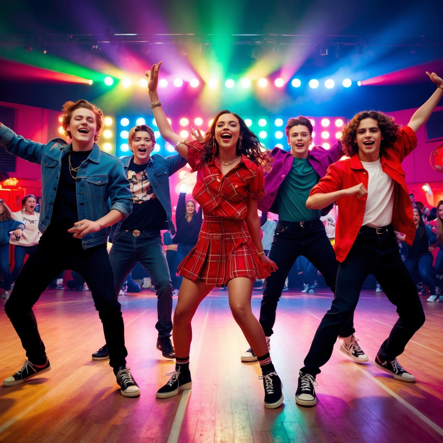 A vibrant 90s-themed music video scene featuring energetic dance performances, colorful lights, and a youthful school setting. Five band members are actively engaging with the audience, exuding charisma and fun.