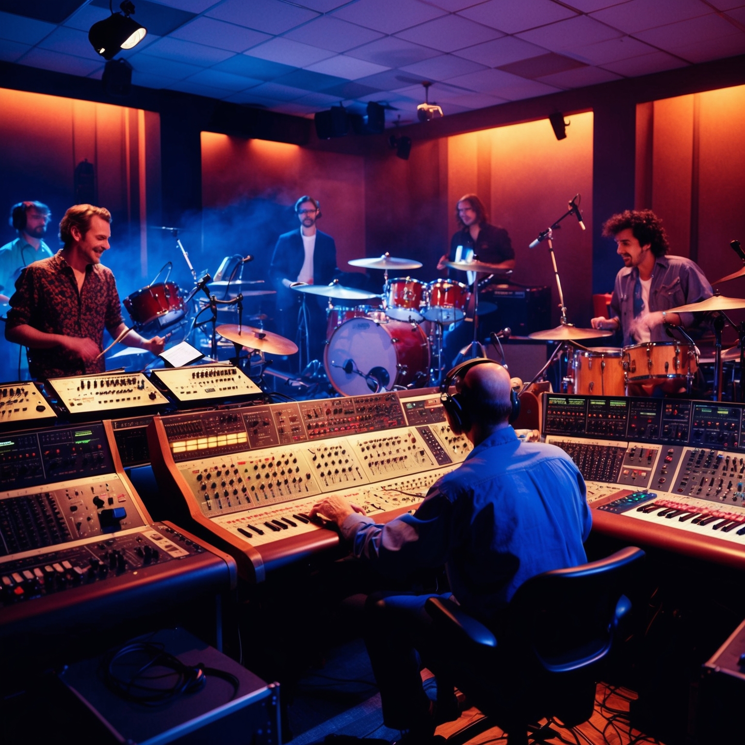 A vibrant and dynamic scene of a late 90s recording studio filled with electronic equipment, synthesizers, and a prominent drum set. The atmosphere is energetic, showcasing a producer at a mixing console with band members in the background, capturing the essence of the creative process behind a lively pop track. This setting reflects the blend of traditional instruments and electronic sounds typical of the era.