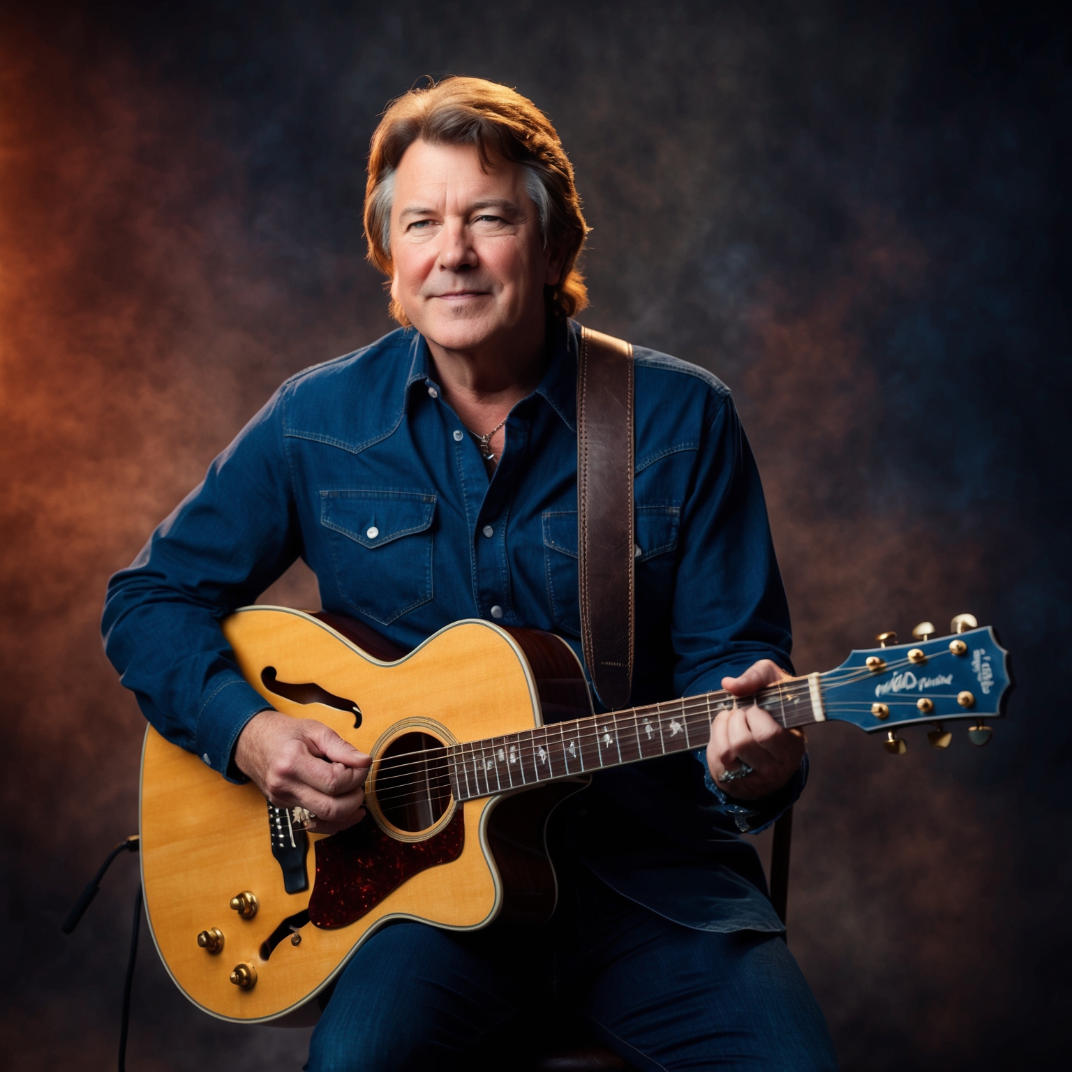 A portrait of Mark Bryan, showcasing him playing guitar with a thoughtful expression, surrounded by an ambiance that reflects a mix of rock and Southern influences.