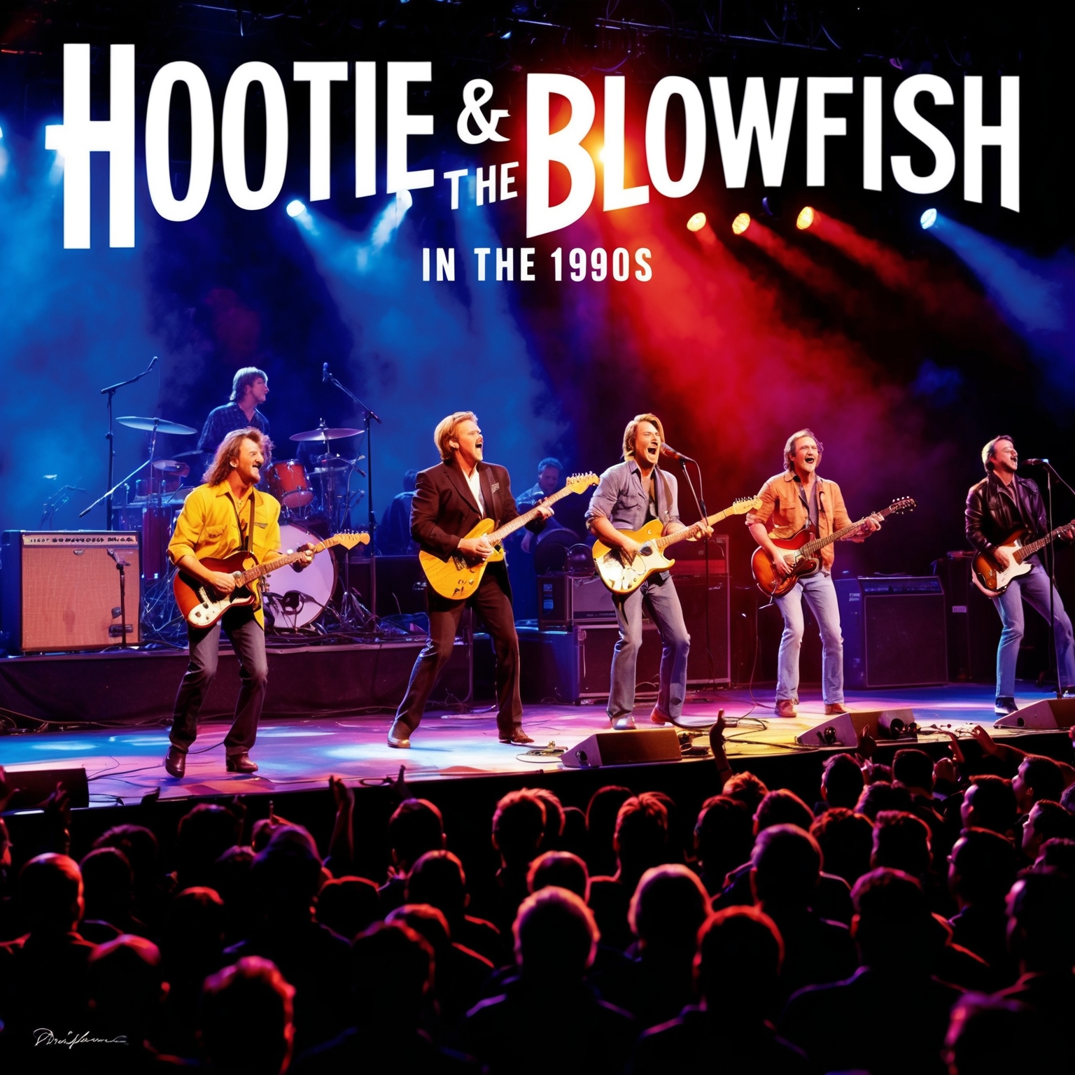 A dynamic and lively illustration capturing a live performance of Hootie & the Blowfish during the 1990s. The scene is set with the band playing energetically on stage, vivid stage lights illuminating the crowd. The audience appears enthusiastic, showcasing the band