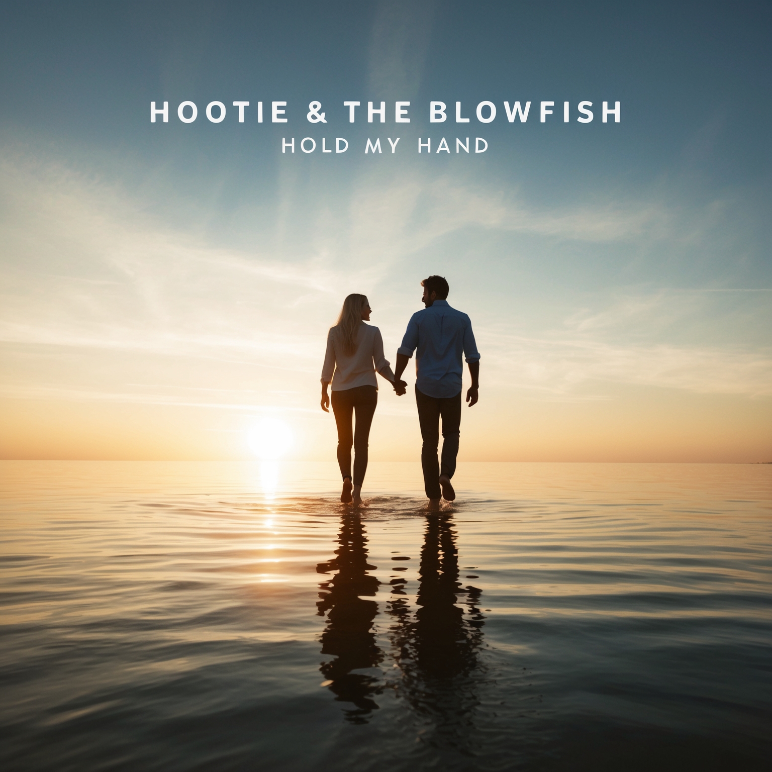 A serene and uplifting scene depicting two people walking hand-in-hand across a calm body of water, with a backdrop of a harmonious sunset. The image embodies themes of unity, hope, and resilience, reflecting the essence of Hootie & The Blowfish