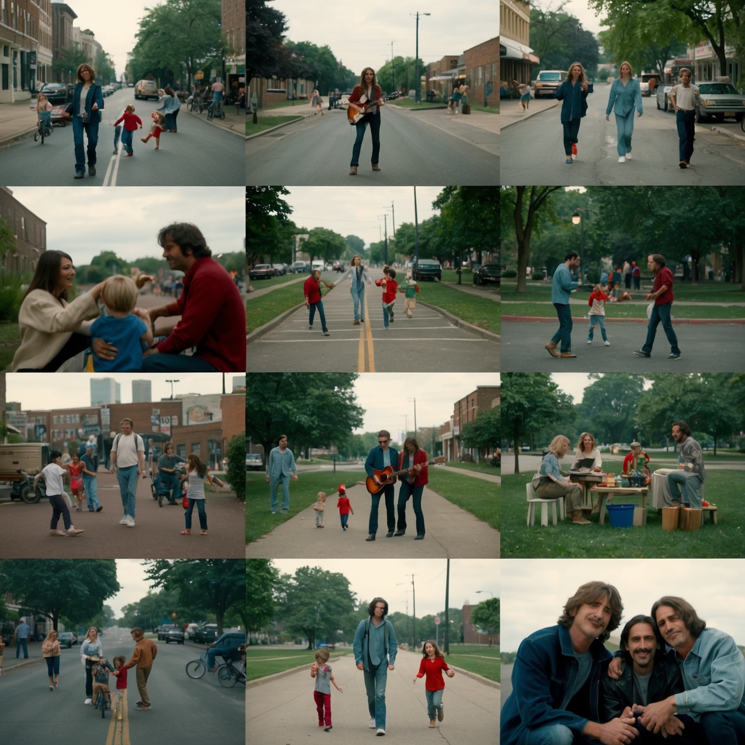 A music video scene for a 90s rock band playing in various everyday locations, such as streets and parks, with people interacting, children playing, and families enjoying time together. The atmosphere is warm, genuine, and relatable, reflecting themes of unity and companionship. The style is minimalistic, allowing the band