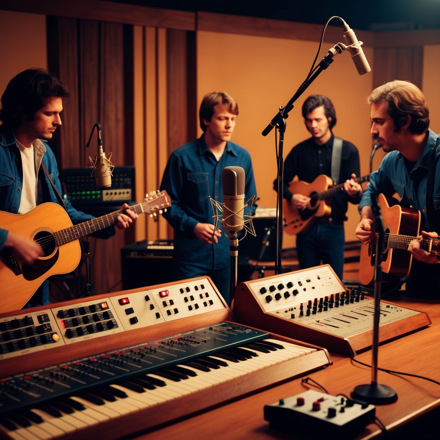 Create a visual representation of a music studio from the 1990s capturing a band recording session. Include elements like acoustic guitars, a warm-toned soundboard with fader controls and a classic microphone setup. Display band members focusing intently on their instruments, with the lead singer in front of a microphone. Capture the ambiance with warm lighting and a feel of creativity in the air.