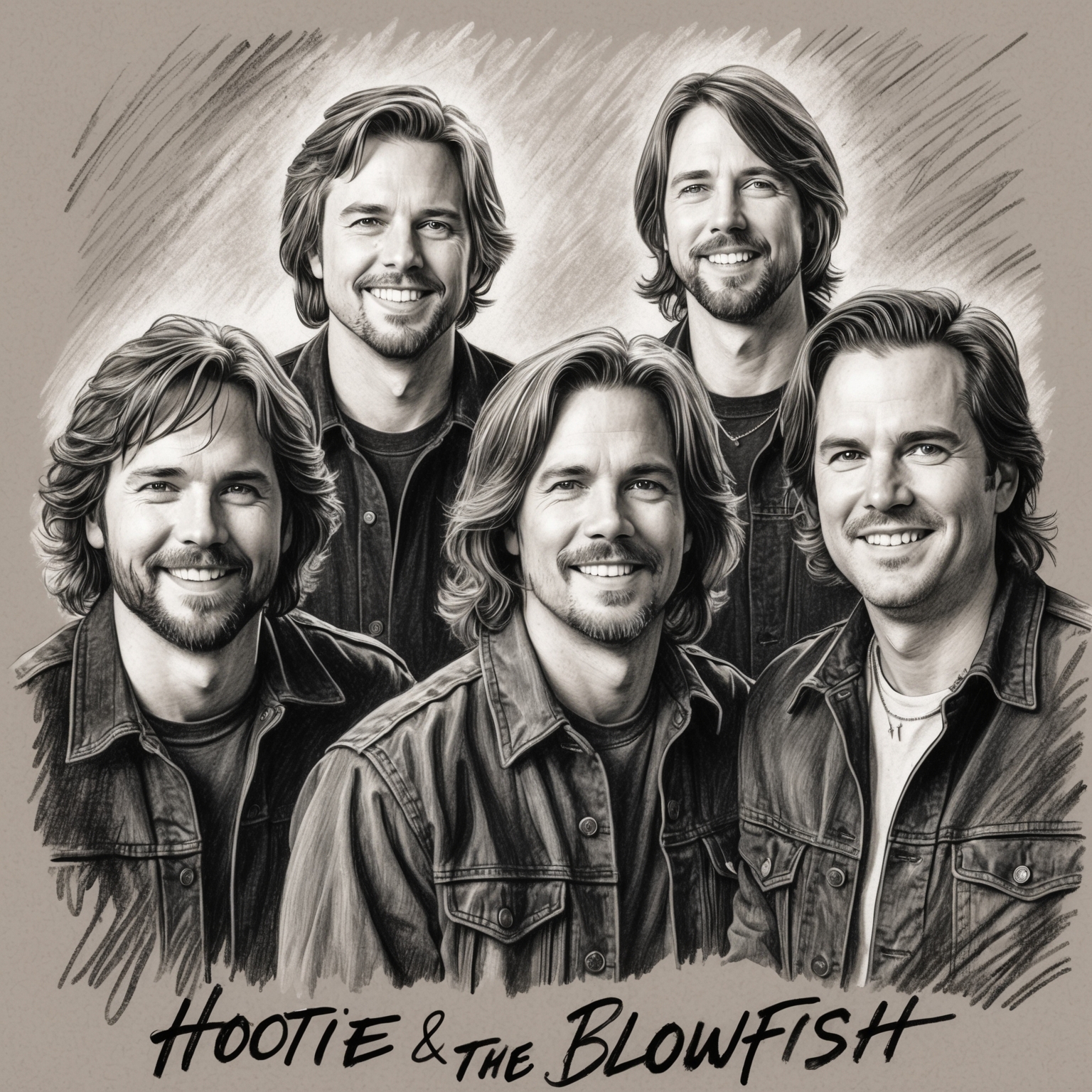 Create a black and white charcoal, stylistic drawing of the band Hootie & The Blowfish. The portrait should have a half-finished feel, capturing the essence of the band members with a focus on their expressions, conveying their artistic spirit. The setting should be reminiscent of the early 1990s music scene, highlighting the four members: Darius Rucker, Mark Bryan, Dean Felber, and Jim Sonefeld.