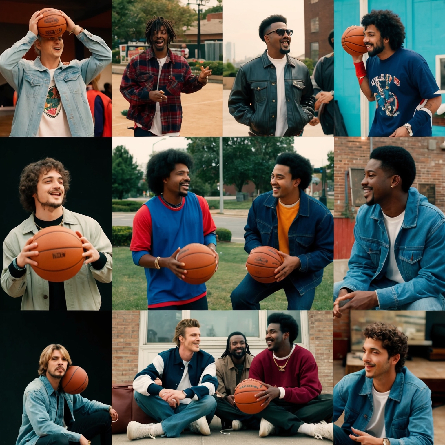 Create a scene from a 90s music video with a band casually playing basketball, interspersed with live performance snippets and everyday settings. Capture the relaxed and relatable atmosphere of camaraderie among band members. The band appears engaged in leisurely activities, reflecting an easygoing and authentic vibe, characteristic of a laid-back, down-to-earth musical group.