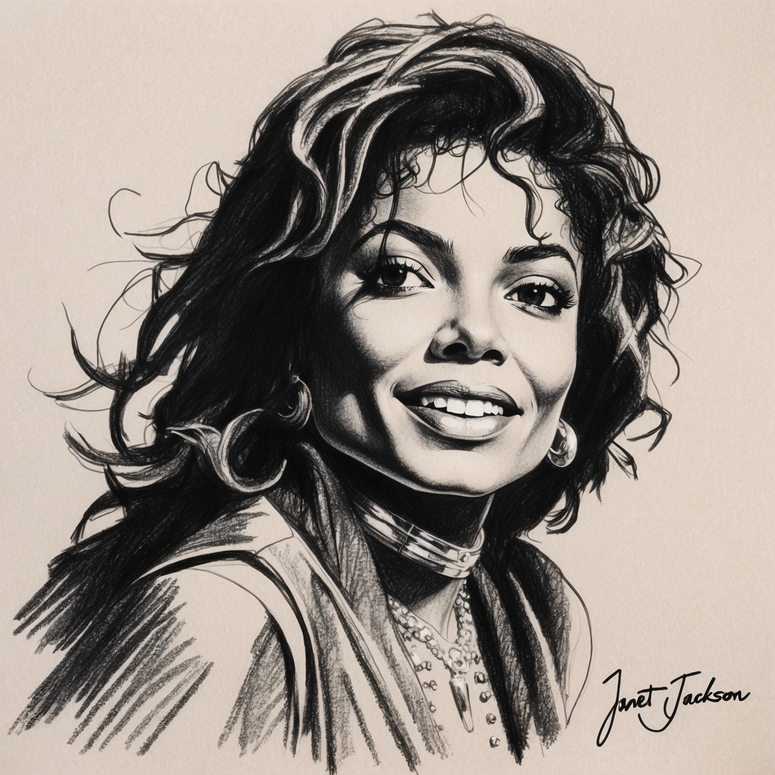 Create a black and white charcoal portrait of Janet Jackson. The portrait should have a half-finished feel, capturing her as an iconic pop and R&B artist. Focus on a stylistic representation that highlights her pioneering presence in the music world.