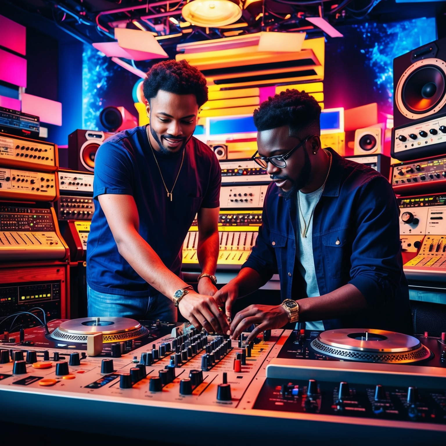 A dynamic digital artwork showcasing two male music producers working collaboratively in a studio, surrounded by vintage synthesizers, recording equipment, and a mixing console. The atmosphere reflects creativity and innovation, with elements of funk and R&B providing a vibrant backdrop. Style: Pop art, with vivid colors and expressive details.