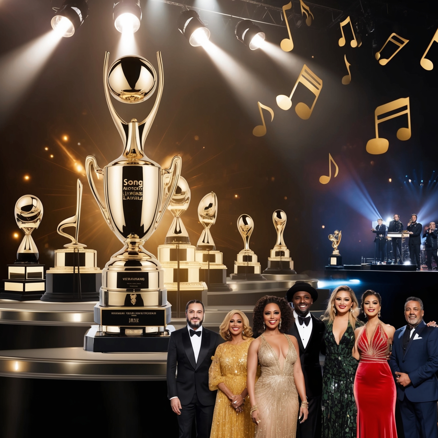 Generate an image that captures the essence of a prestigious awards ceremony. Include elegant, glimmering trophies under spotlighting, a background with musical notes symbolizing a song