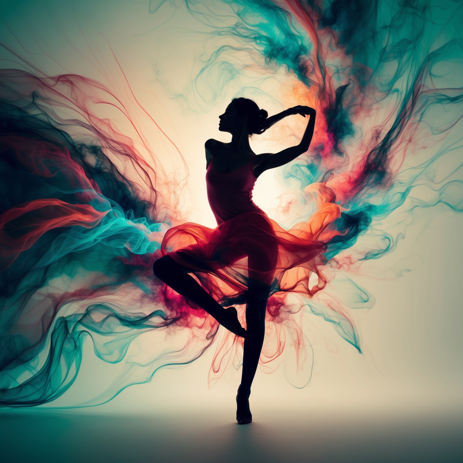 An abstract representation of a modern, expressive dance that embodies both desire and restraint; a mix of soft and intense colors conveying emotions of longing, introspection, and fantasy; a silhouette of a woman poised in contemplation amidst swirling, vibrant patterns that hint at dreams and inner thoughts.