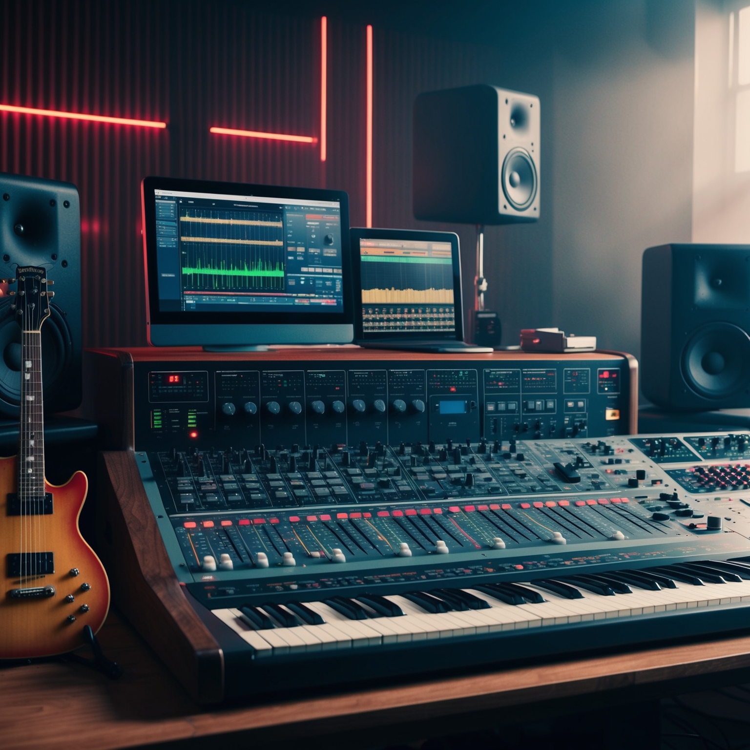 Analyse a soundboard in a recording studio with digital synths, electronic equipment, and guitar, capturing essence of complex R&B music production from the early 90s, in an atmospheric setting that reflects innovation in sound.