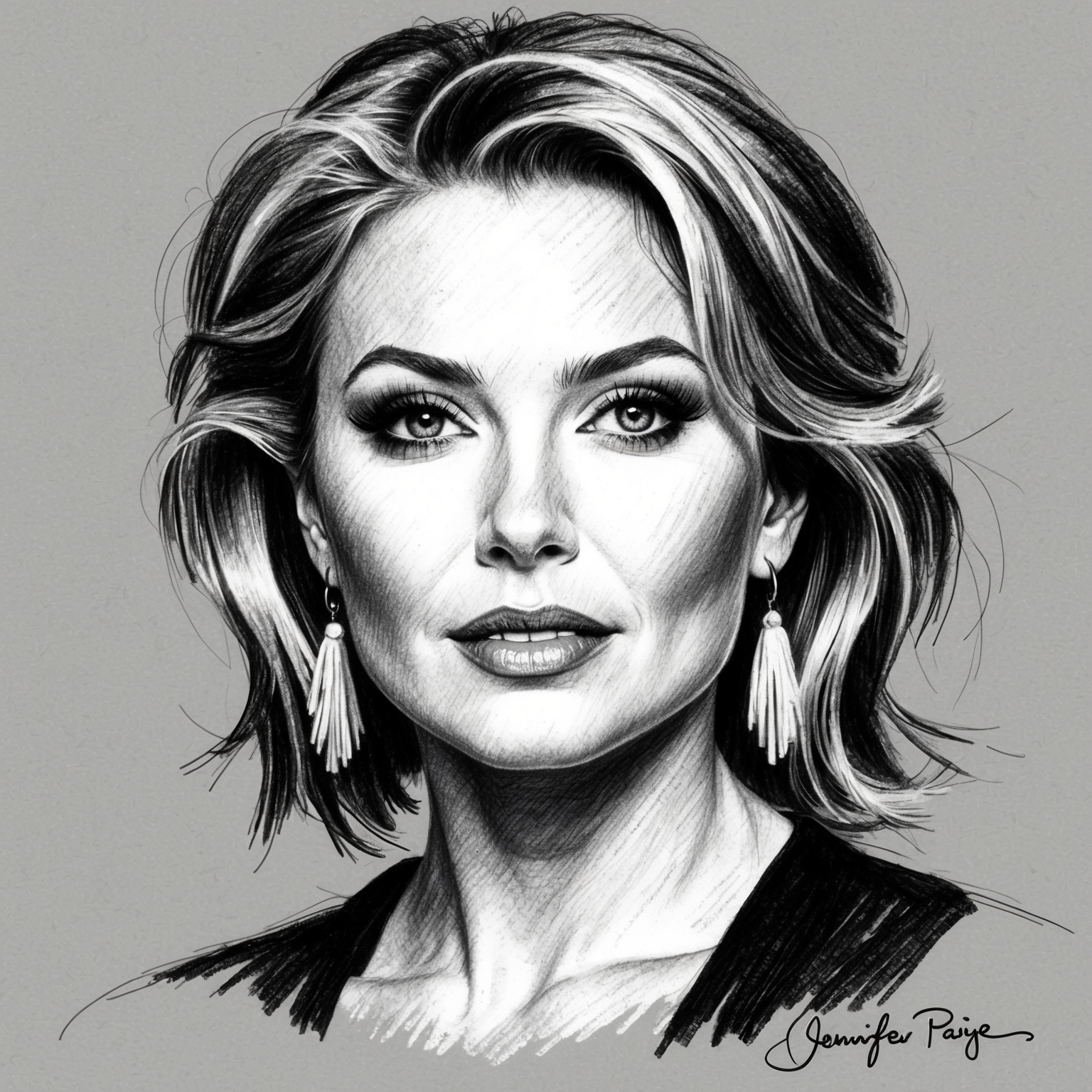 Create a black and white charcoal drawing of Jennifer Paige, focusing on her facial features and capturing a half finished, stylistic impression typical of 1990s pop stars.