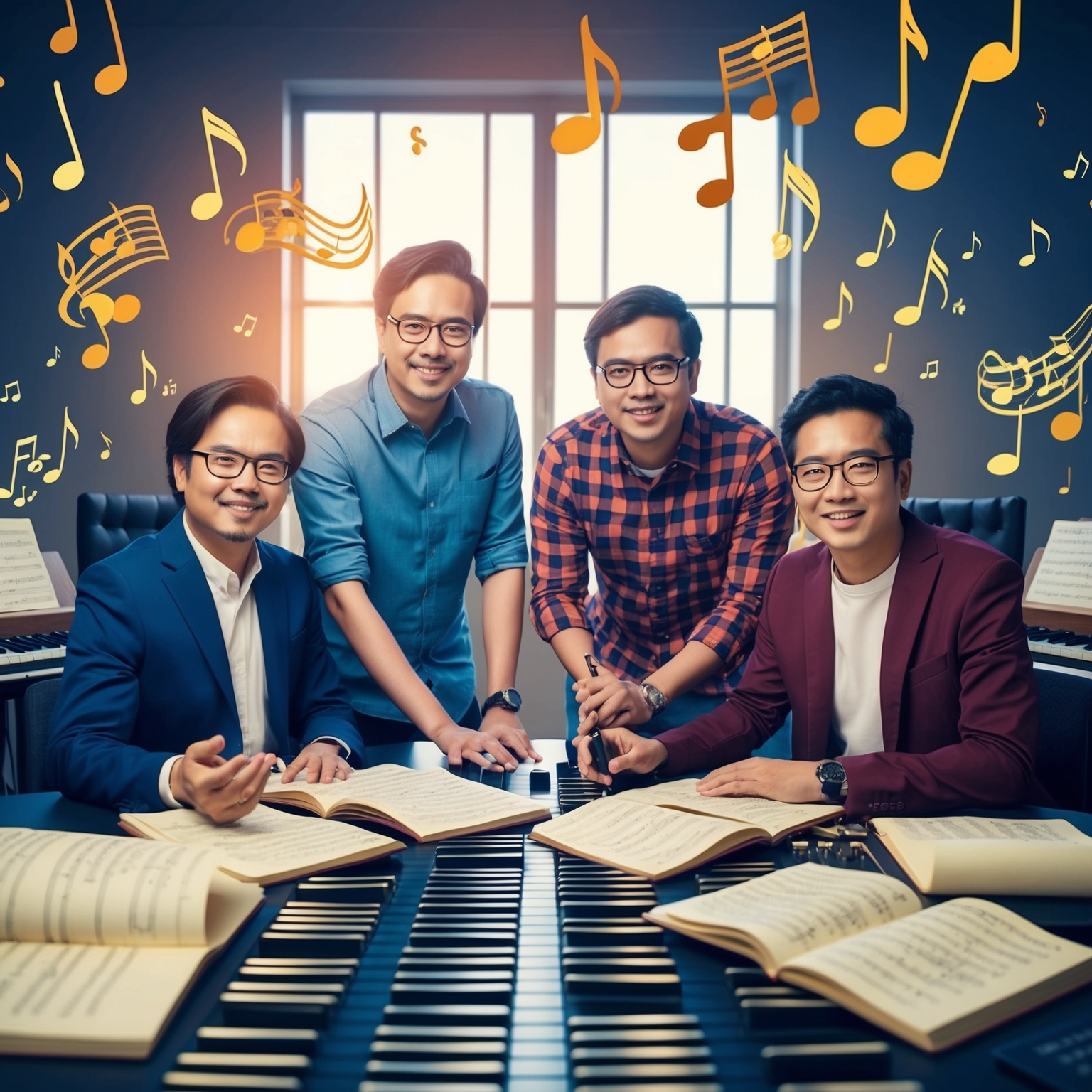 Create an illustration showing four music composers in a studio setting, surrounded by musical notes and instruments, capturing a creative and collaborative atmosphere.