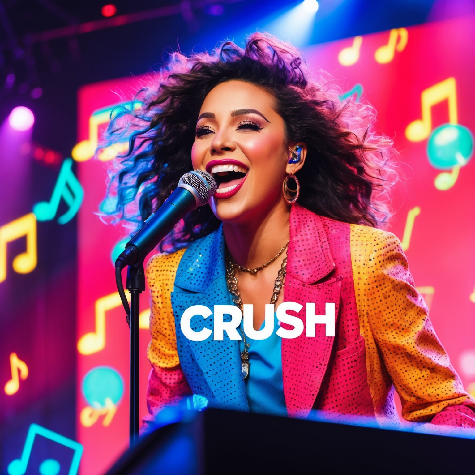 A vibrant, colorful image depicting a 90s pop music scene. The image should capture the essence of a pop music revolution, featuring a singer in a lively performance with a backdrop of music notes and stage lights reflecting the energetic and catchy vibe of the song 