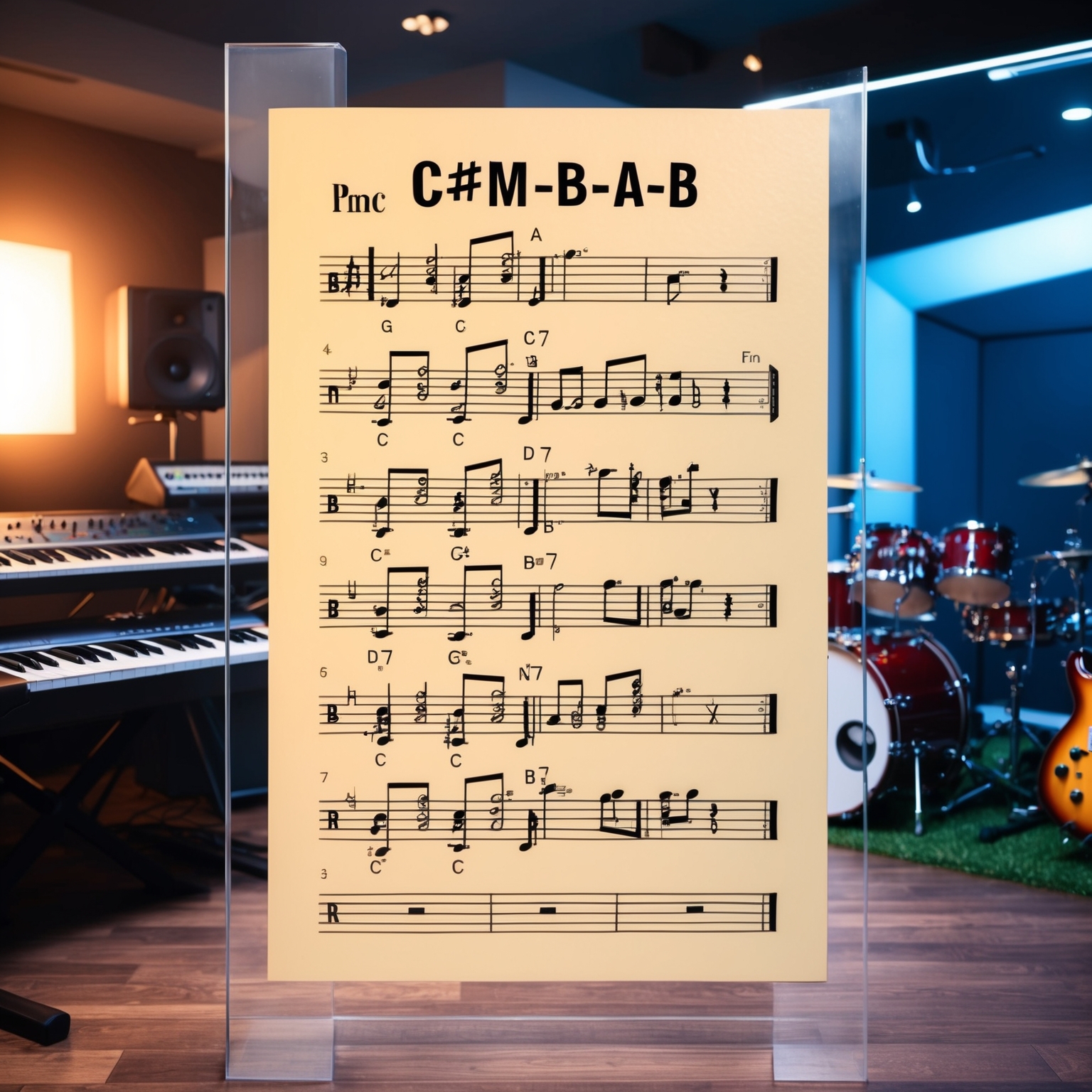 A transparent musical score sheet displaying the chord progression of C#m-B-A-B, set against the backdrop of a modern studio with synthesizer, drums, bass, and electric guitar in view. An image capturing the essence of 90s pop music production with a focus on a dynamic atmosphere and artistic exploration.