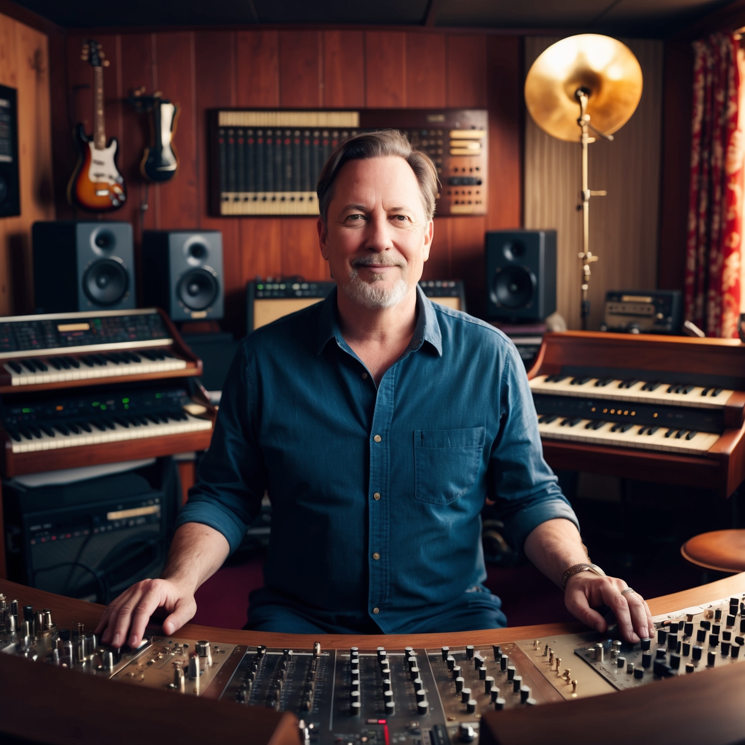 A portrait of Steve Poltz in a cozy, vintage-style recording studio surrounded by various musical instruments, capturing the ambiance of a creative composer