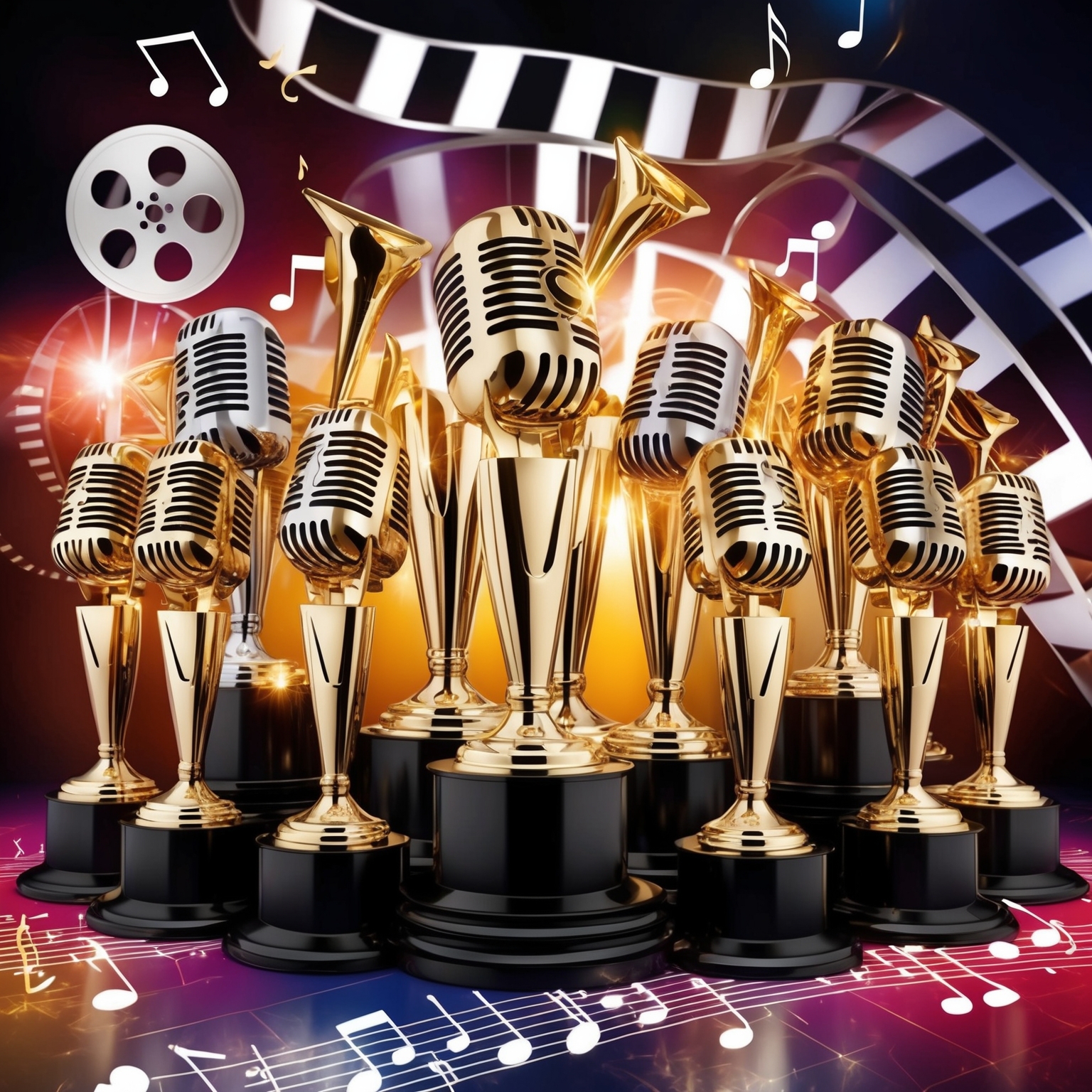 An artistic depiction of music award show trophies and microphones, set against a background of musical notes and film reels, symbolizing the influence and recognition of a classic hit song across different media. The scene is vibrant and elegant, with a 90s musical nostalgia.