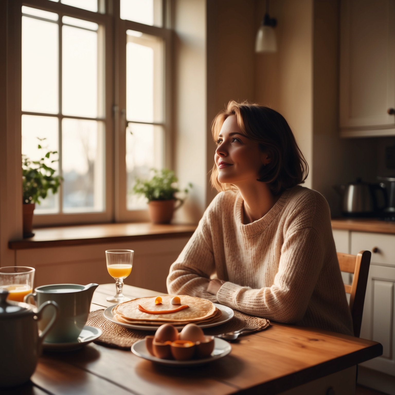 An evocative image depicting a cozy kitchen in soft morning light, with breakfast on the table featuring pancakes and a smiley face made of eggs. A woman sits at the table, gazing wistfully out the window, capturing a sense of longing and nostalgia. Use warm colors to enhance the comforting yet melancholic atmosphere.