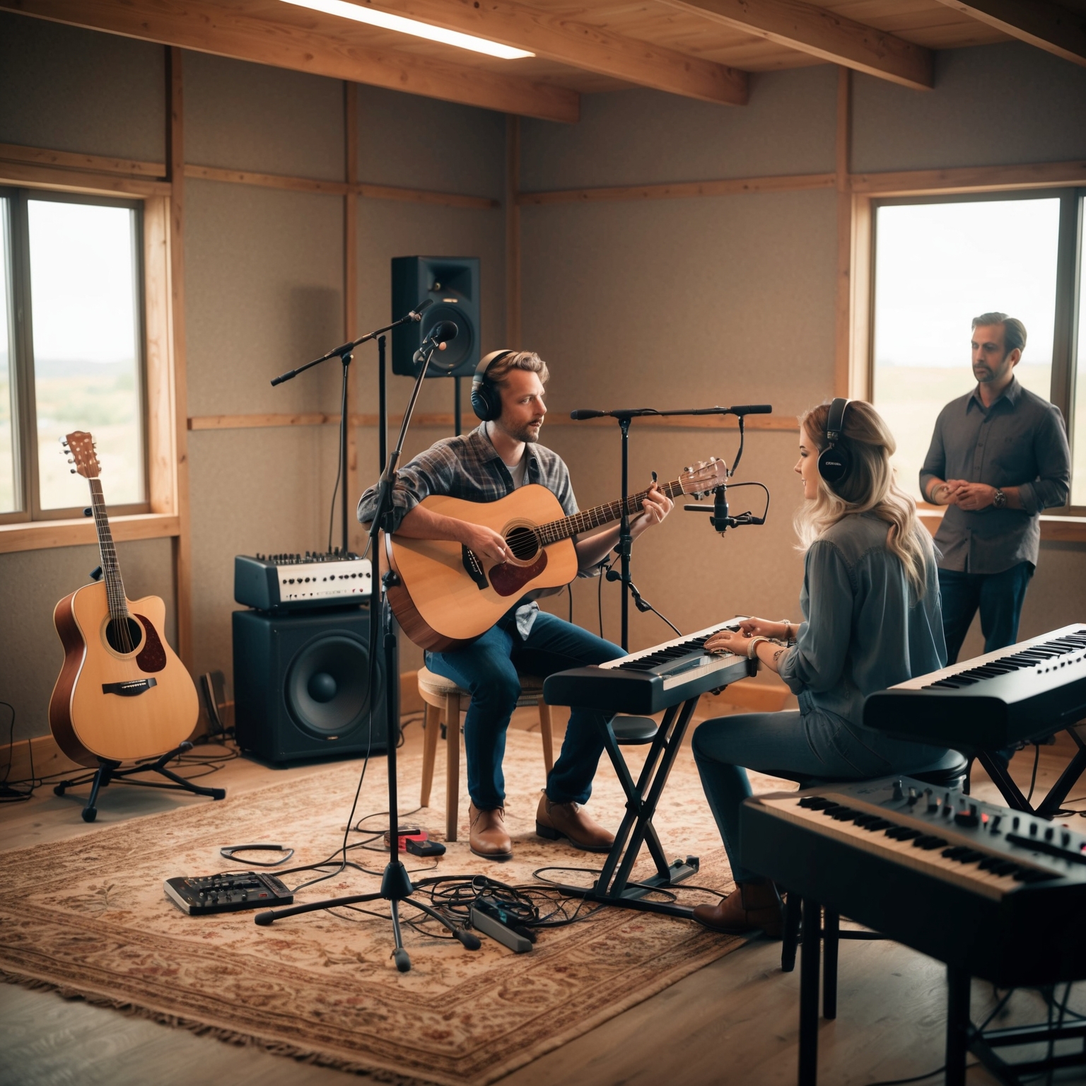 Create an artistic depiction of a serene recording studio set in a ranch environment. Include an acoustic guitar, light percussion, and keyboards subtly placed around the room, reflecting an intimate and relaxed atmosphere. Capture Jewel in the midst of a recording session, focused on the music with a producer nearby observing. The setting should evoke a sense of creativity and tranquility.