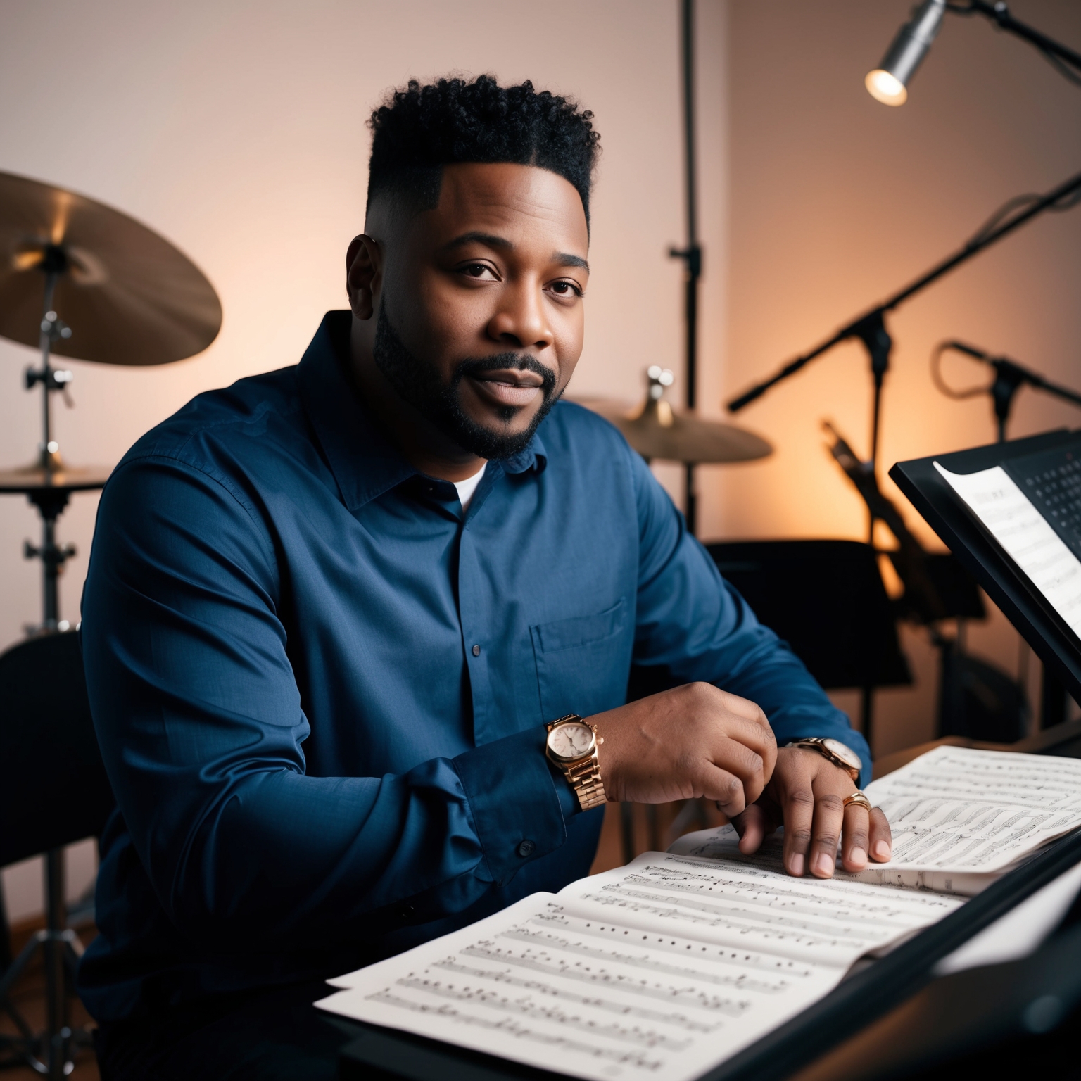 A portrait of Jon B., a talented R&B composer and musician, in a recording studio setting surrounded by musical instruments. The scene captures his thoughtful expression as he works on music sheets, with subtle lighting and an inspiring creative environment, conveying his passion for music composition and his contribution to the hit song 