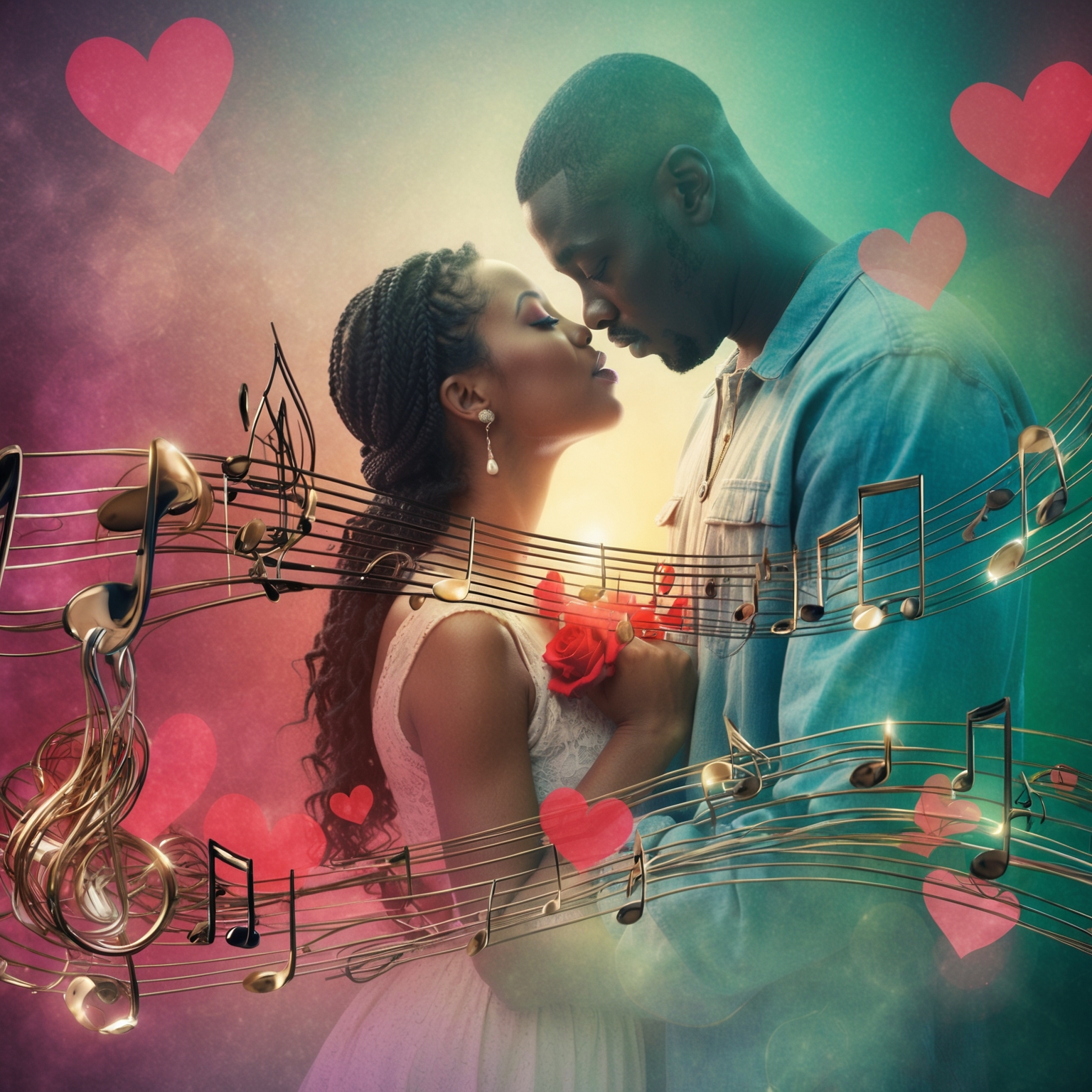 Create an image capturing a poignant lyrical moment from a 90s R&B song, with themes of love and emotional revival. Include elements of a musical score intertwined with abstract representations of romance and healing.