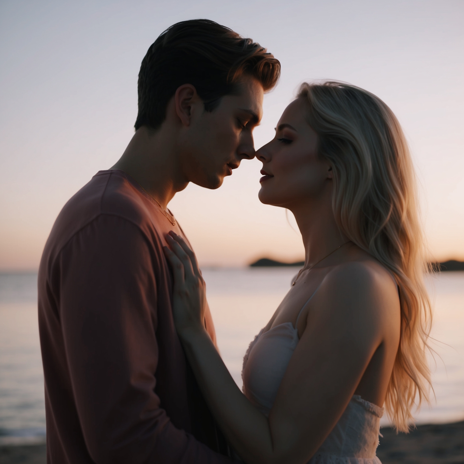 A minimalist music video set reflecting intimacy and connection with tender gazes and soft lighting, showcasing a heartfelt romantic theme, focused on genuine emotional expressions.