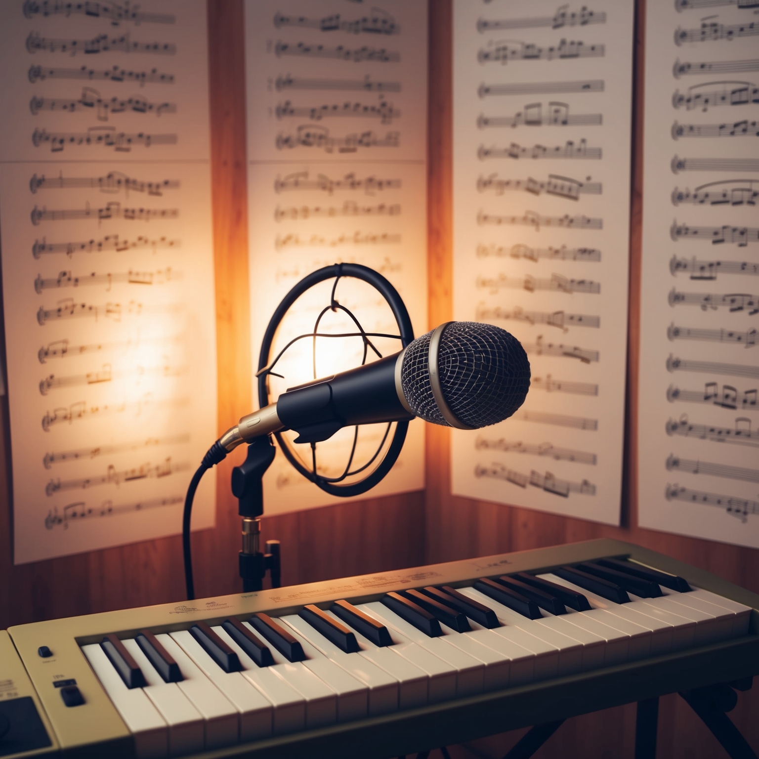 Visualize a serene music studio with a vintage keyboard, soft ambient lighting, and a microphone set against a backdrop of sheet music. The atmosphere should exude a romantic and creative vibe, capturing the essence and musical components that make 