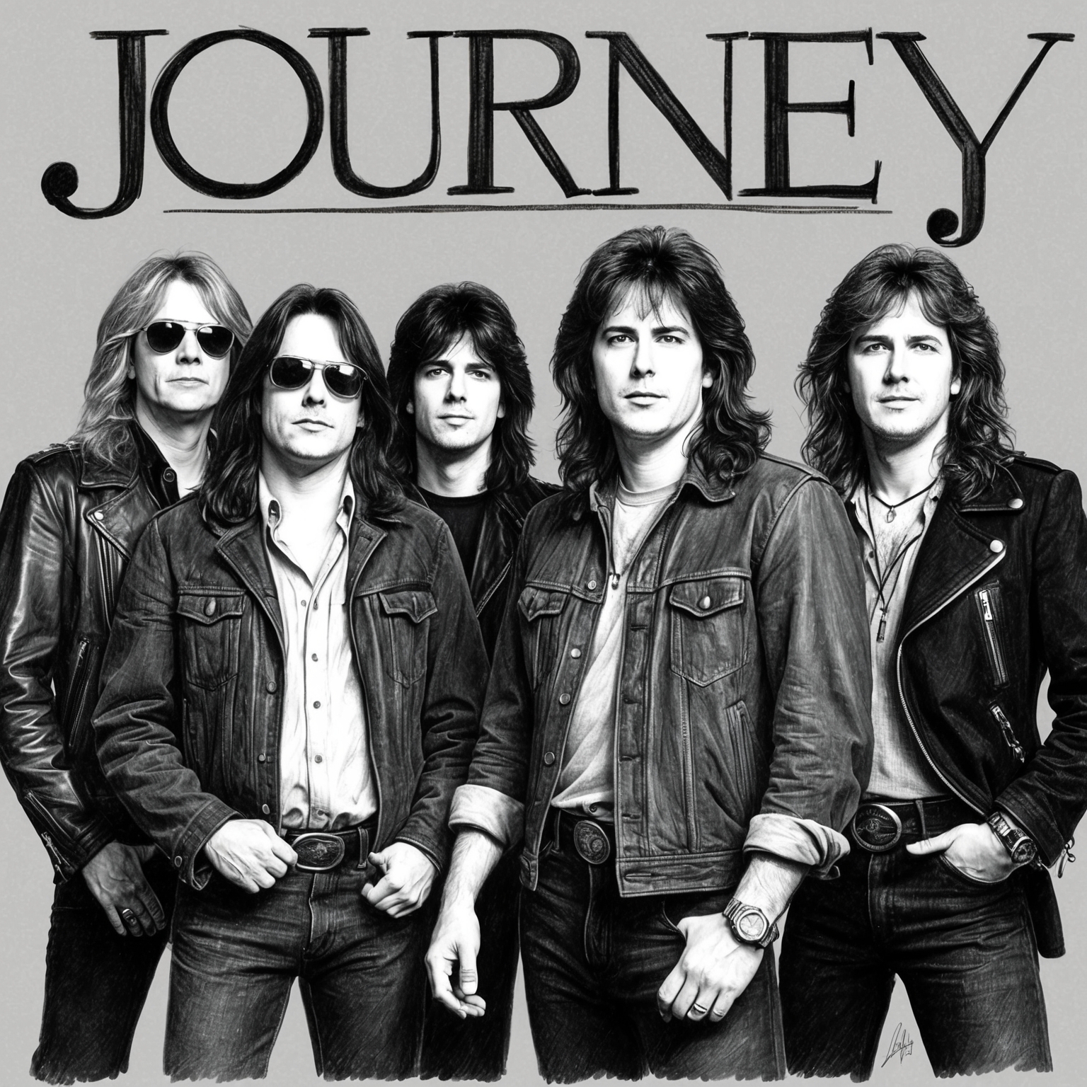 Create a charcoal drawing of Journey, focusing on a black and white color scheme. Capture the classic lineup from the early 1980s with a half-finished, stylistic feel. Emphasize the blend of rock and emotion that defines their music.