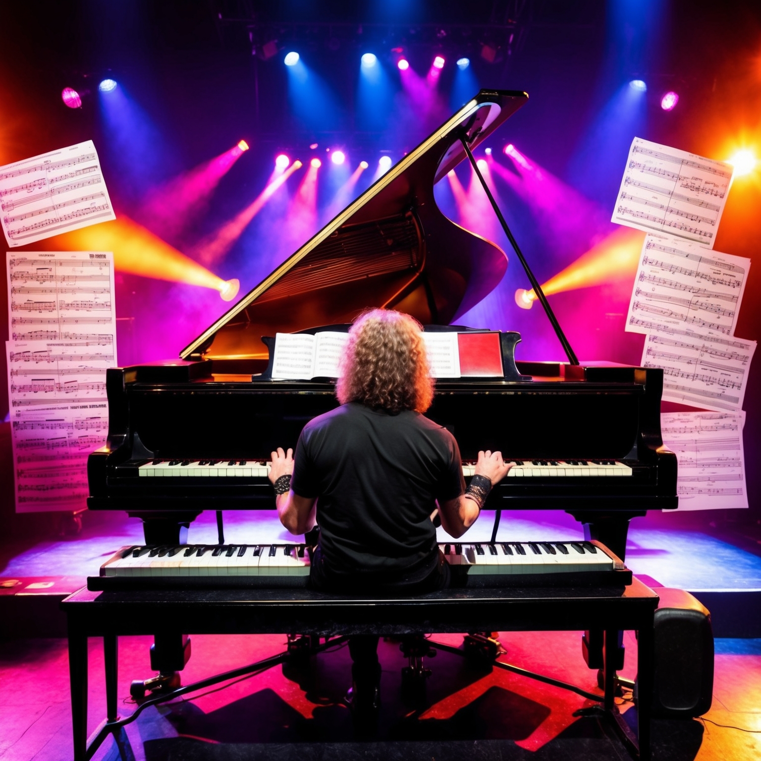 A 1980s rock band keyboardist in front of a grand piano, surrounded by sheet music, evoking creativity and inspiration, vibrant stage lights, and a musically charged aura.