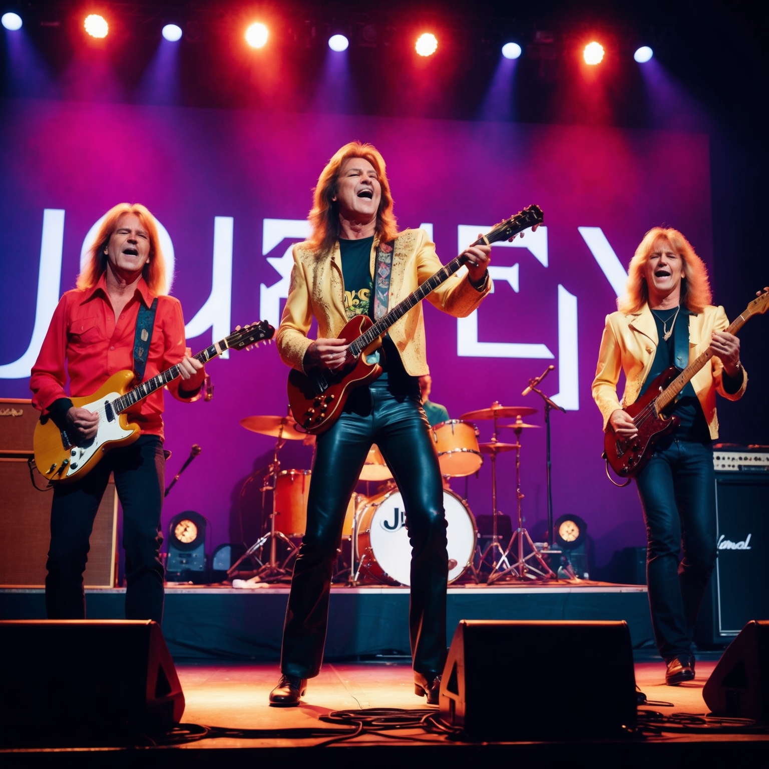 Create an image capturing the 1980s rock band Journey performing on stage. The scene should convey a sense of energy and excitement typical of rock concerts in that era, with bright stage lighting and a backdrop featuring the band