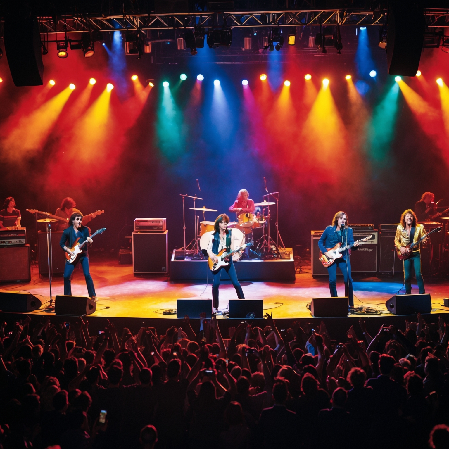 A vintage 1980s rock concert scene, with Journey performing on stage, surrounded by enthusiastic fans. The band