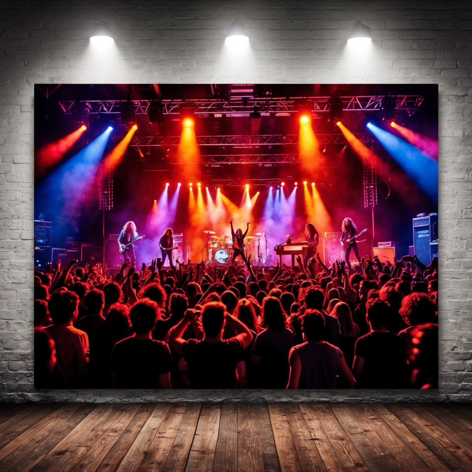 A vibrant concert scene with intense stage lights and an energetic crowd, capturing the essence of a rock band performance, evoking a vintage 1980s rock concert atmosphere.