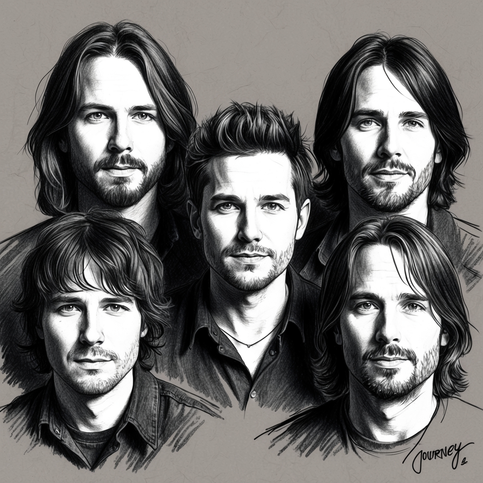 Create a charcoal, stylistic drawing of Journey, showcasing the band members in a black and white portrait with a half-finished, artistic feel.