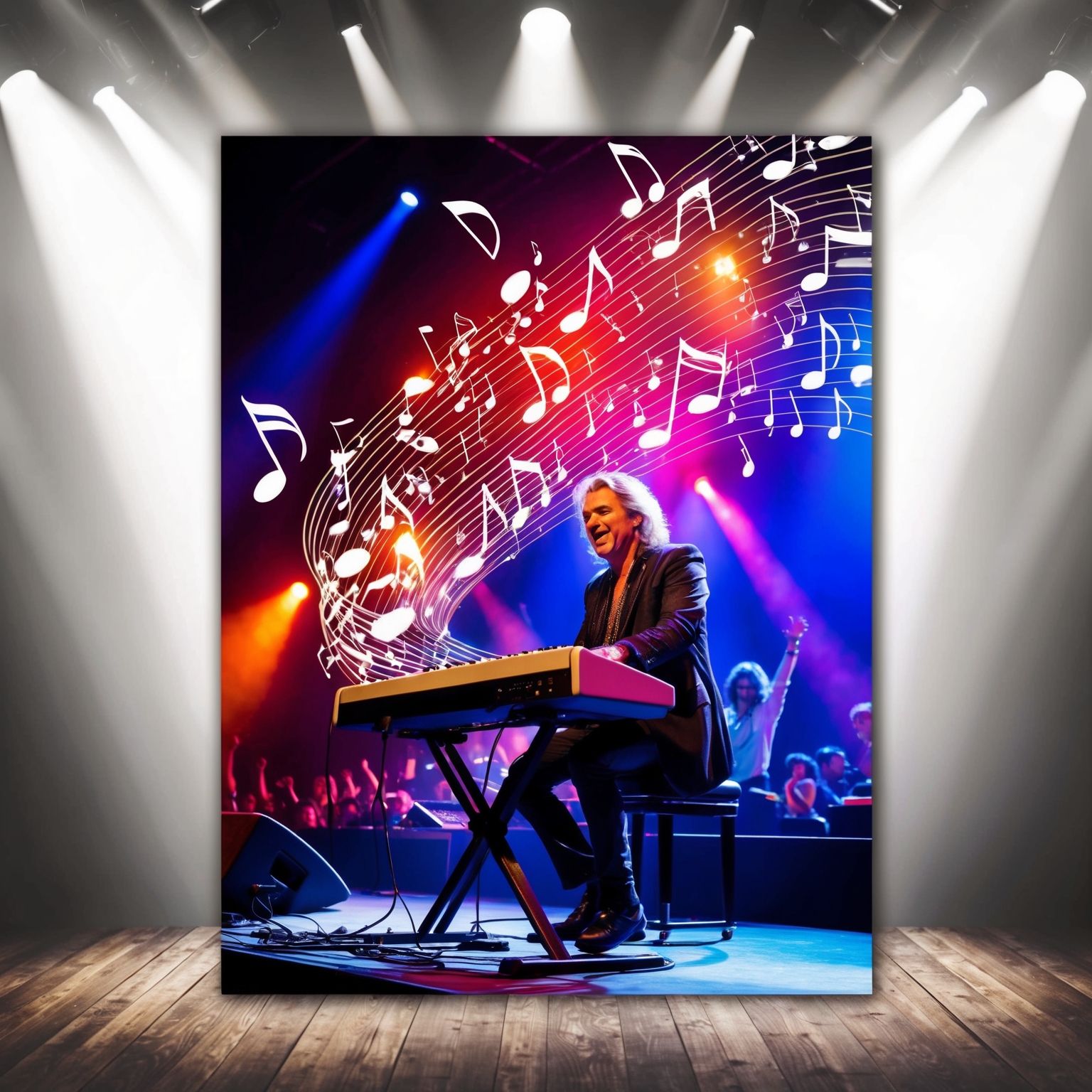 A dynamic and colorful artwork capturing Jonathan Cain playing the keyboard on stage, with musical notes flowing around him. The essence of a rock legend in the 1980s, featuring bright stage lights and an energetic audience in the background.