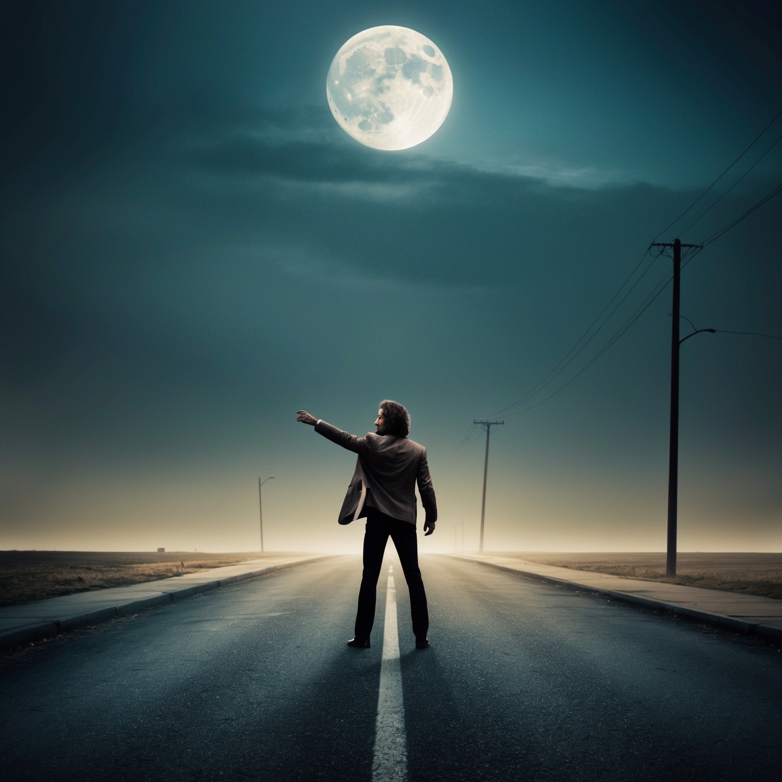 An emotional and dramatic scene capturing the essence of longing and separation, inspired by the 1980s music era. A figure stands on a deserted, moonlit street, reaching out toward the horizon, symbolizing distance and hope. The mood should be nostalgic with a poignant atmosphere, reflecting themes of love and heartache.