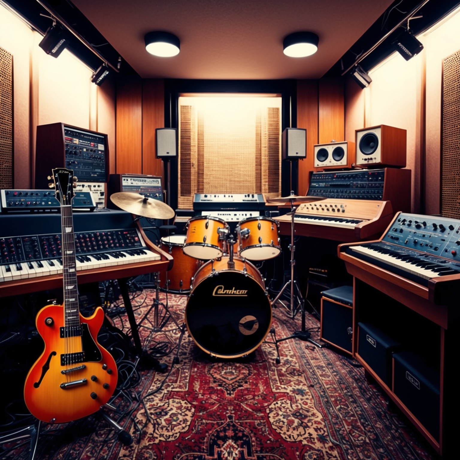 A digital illustration depicting a classic rock recording studio in the 1980s, filled with vintage instruments and sound equipment. Imagery includes a distinctive electric guitar, synthesizers, and drum kit arranged in a dynamic setting, capturing the iconic sound and vibe of a rock band like Journey in the act of creative recording.