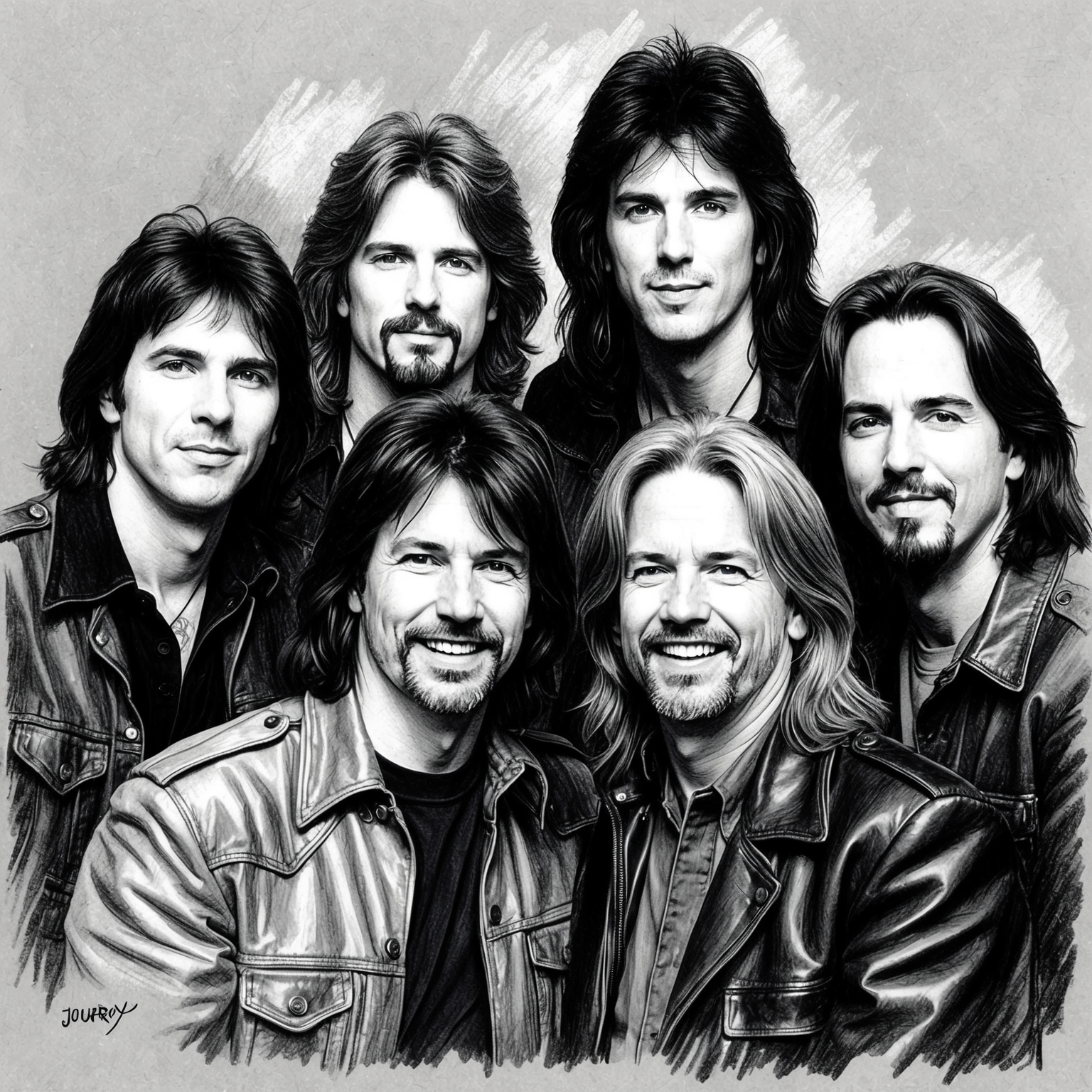 Black and white charcoal drawing of the rock band Journey from the 1980s, featuring band members Steve Perry, Neal Schon, Ross Valory, Jonathan Cain, and Steve Smith. A stylistic, half-finished feel with focus on their characteristic energy and camaraderie.