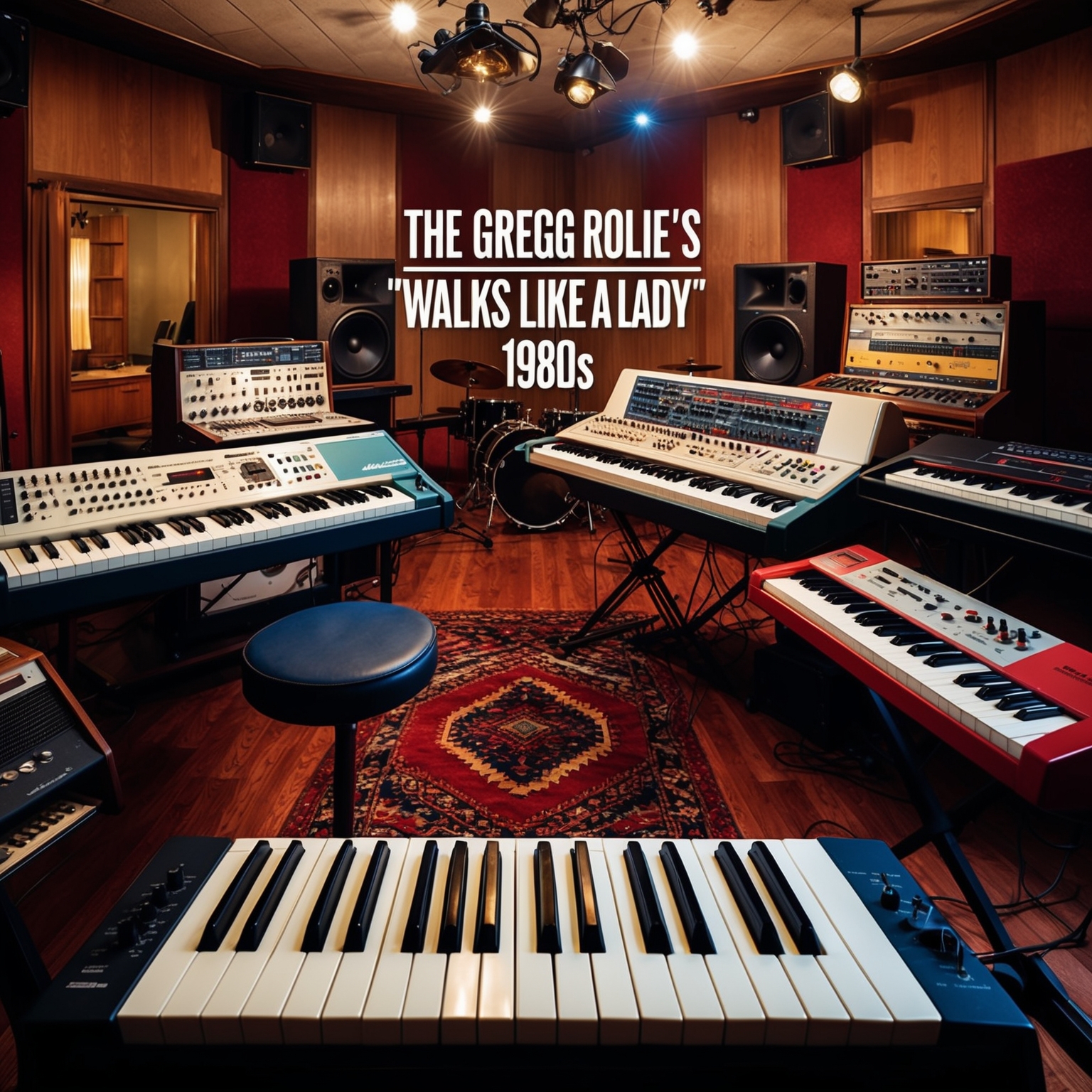 A digital art piece depicting a vintage recording studio in the 1980s. An array of musical instruments like keyboards and guitars, symbolizing Gregg Rolie