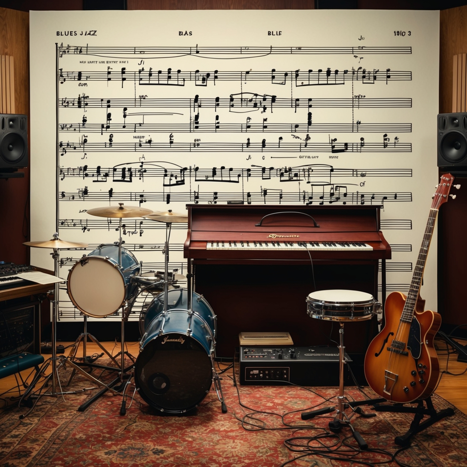 An analytical depiction of a music sheet combining blues and jazz influences, with a band setup featuring a guitar, keyboard, drums, and bass guitar. Include elements of a recording studio from the 1980s with vintage equipment, capturing an atmosphere of collaboration and creativity. The scene should evoke a sense of musical exploration and innovation, highlighting the blend of genres that characterized Journey