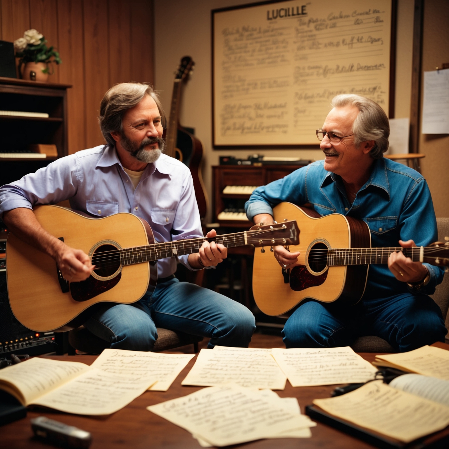 A portrait that captures the essence of vintage country music composers at work, set in a cozy 1970s Nashville studio. The atmosphere is filled with acoustic guitars, handwritten lyrics scattered around, and a sense of collaboration, conveying the creative energy of Hal Bynum and Roger Bowling as they conjure the musical magic behind 