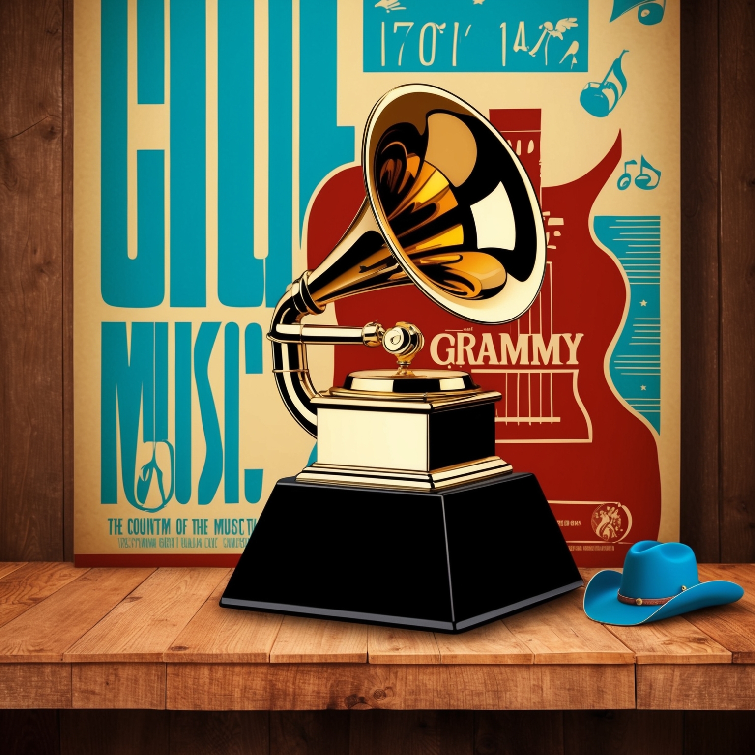 Generate an illustration of a vintage Grammy award placed against a classic 1970s music poster backdrop, featuring subtle nods to country music, like a guitar and cowboy hat. The scene should evoke a sense of musical nostalgia.