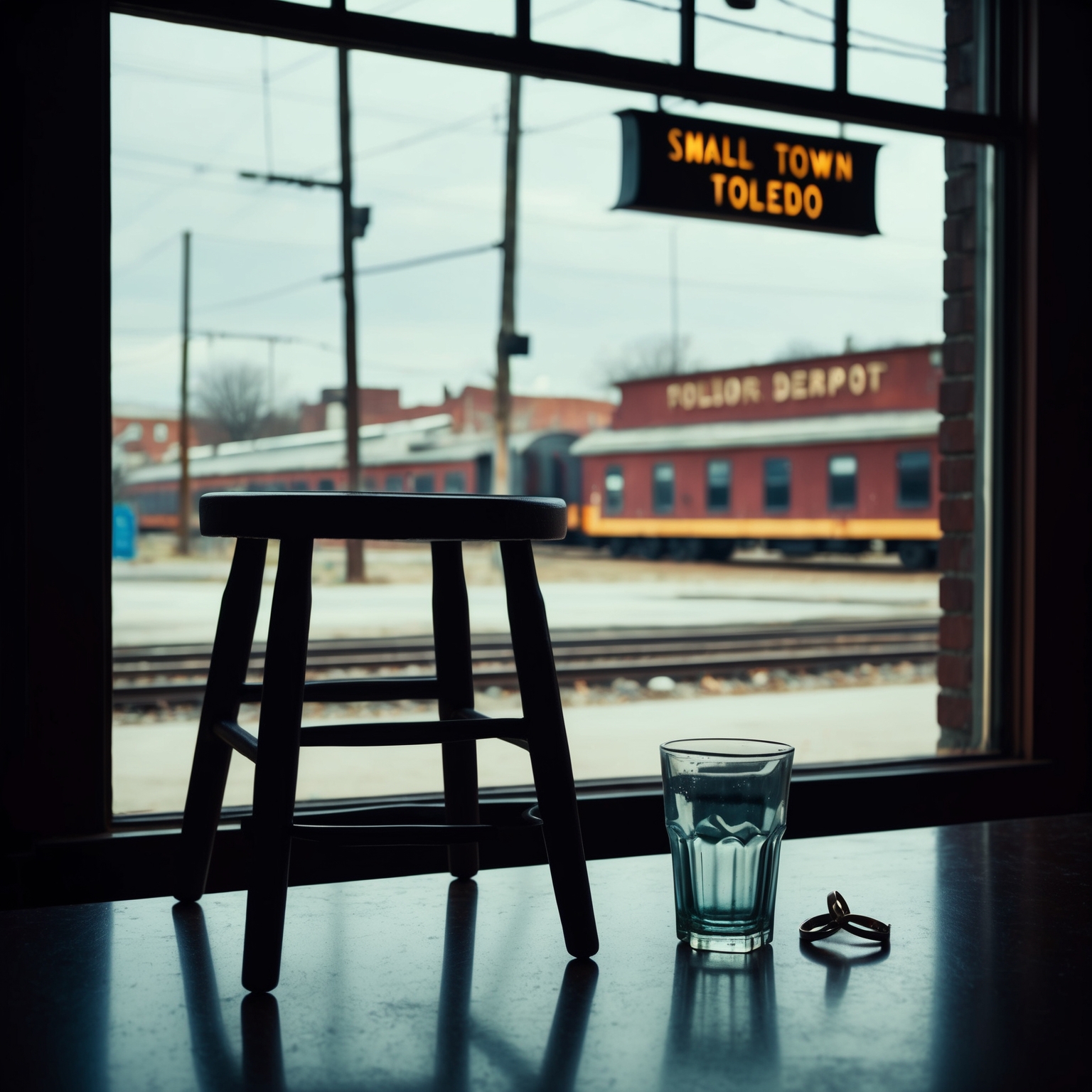 A solitary bar stool in a dimly lit bar somewhere in Toledo, positioned across from a small town train depot. A faded wedding ring sitting on the counter beside an empty glass. The atmosphere is filled with a sense of reflection and quiet introspection. The setting captures the emotive essence of a song about life choices and unforeseen encounters.