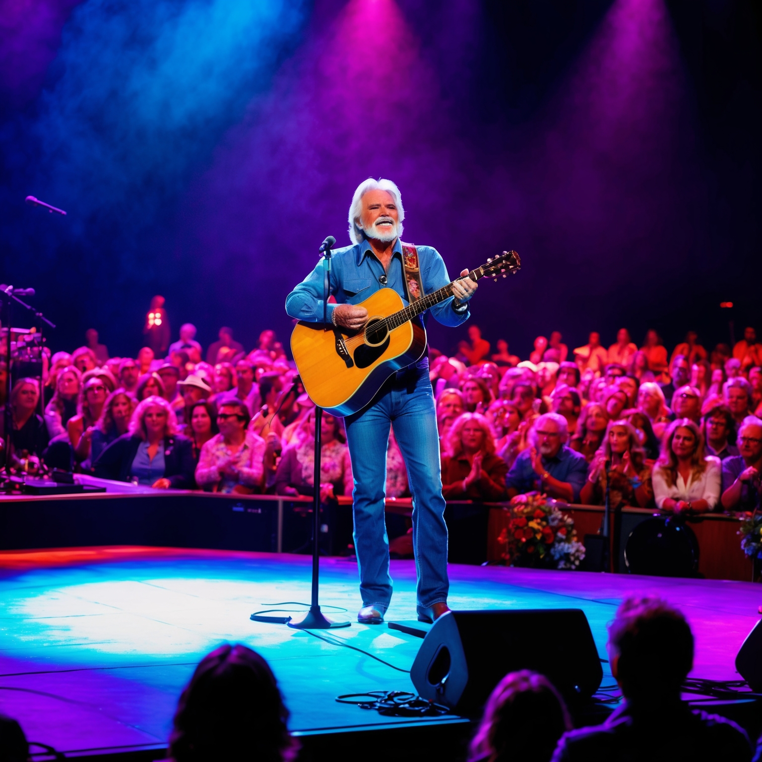 A 1970s-themed concert with Kenny Rogers performing on stage, surrounded by an attentive crowd enjoying his music, vivid lighting accentuates the emotional tone, capturing the essence of country storytelling through performance.