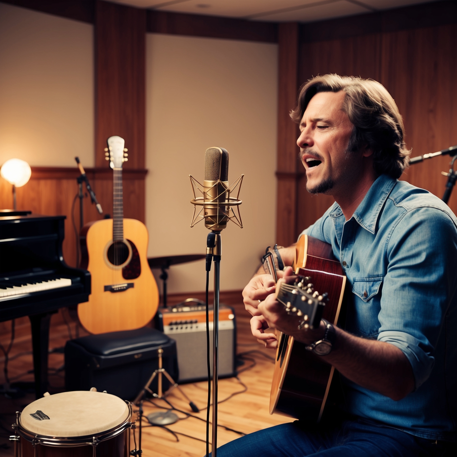 Create an image depicting a classic 1970s recording studio with acoustic guitars, a piano, and light percussion instruments around. Highlight a vintage microphone and a musician focused on delivering an emotional vocal performance.