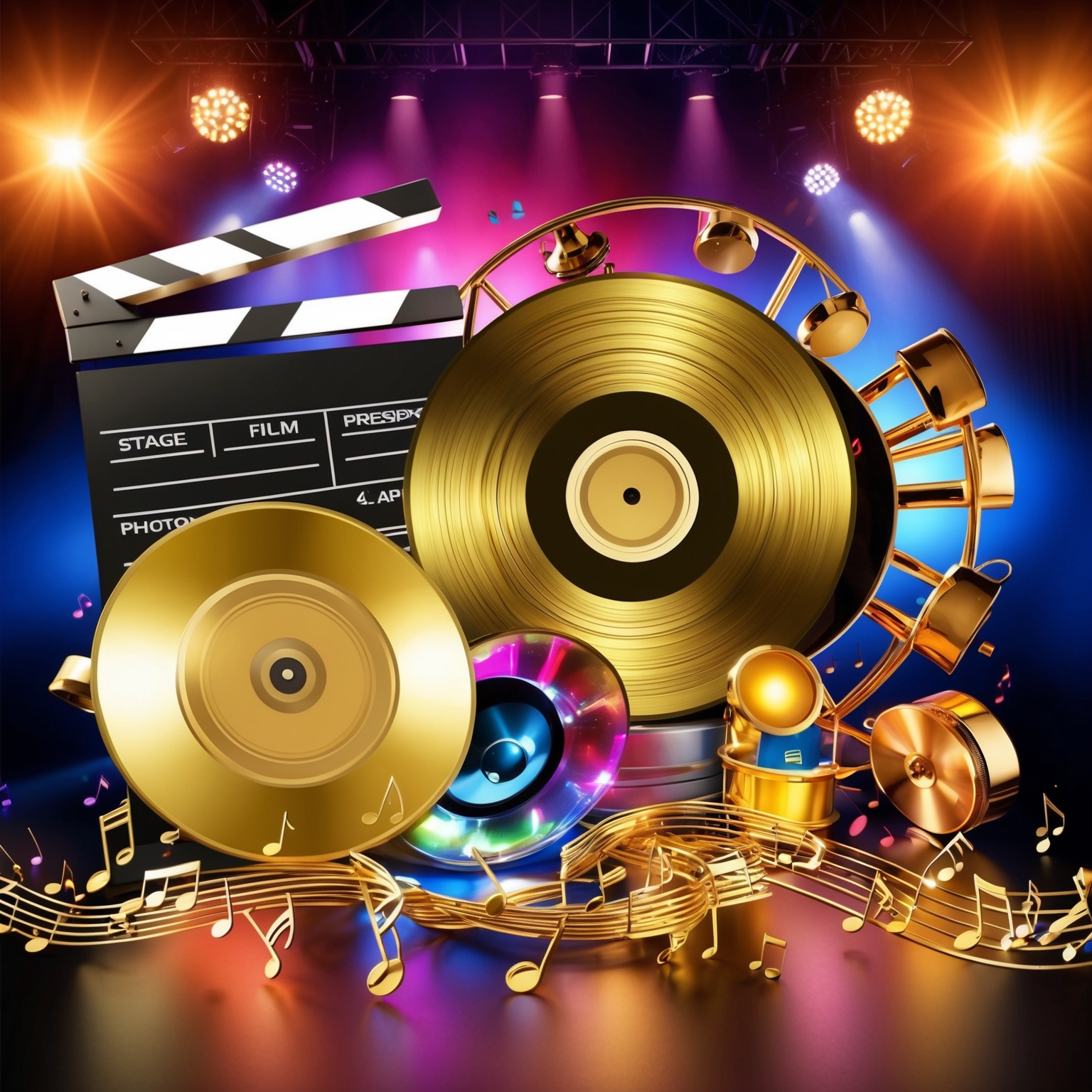 A vibrant collage featuring a Golden Record, dramatic stage lights, movie clapperboard, and musical notes, symbolizing a successful song achieving awards, film presence, and popular covers, in a celebratory atmosphere.