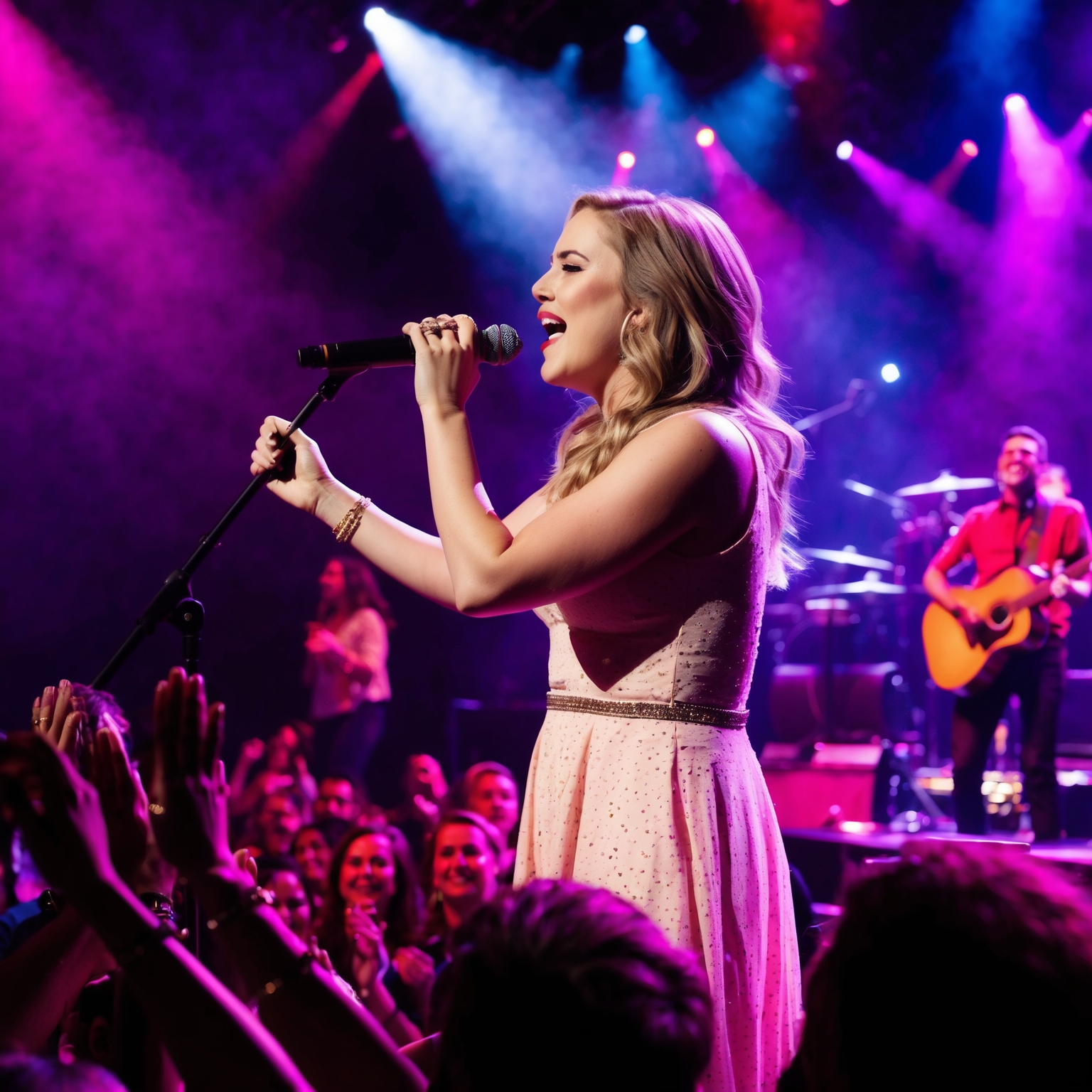 A live performance scene of a female singer on stage captivating an audience, vibrant with lights and musical instruments on stage. The focus is on the singer