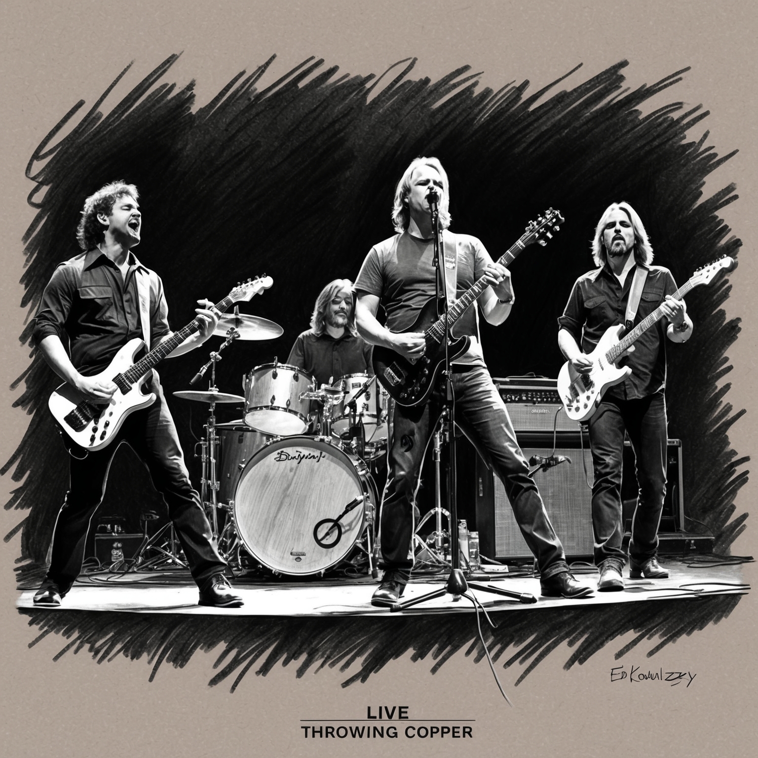 A charcoal, stylistic drawing of the band Live, featuring all members: Ed Kowalczyk, Chad Taylor, Patrick Dahlheimer, and Chad Gracey. The artwork should be in black and white, with a half finished feel, capturing the essence of the band during their 